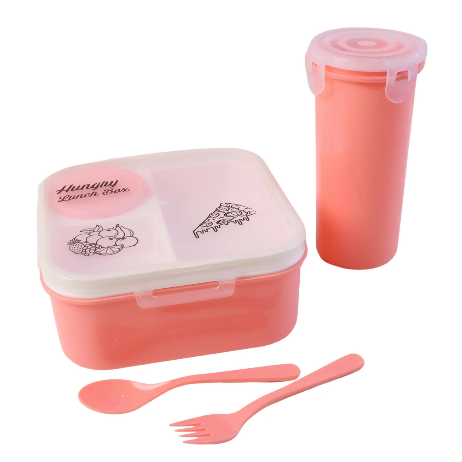 Hungry Lunch Box Combo Set – Unbreakable Plastic Lunch Box with Spoon, Fork & Extra Container for Kids - Image 5