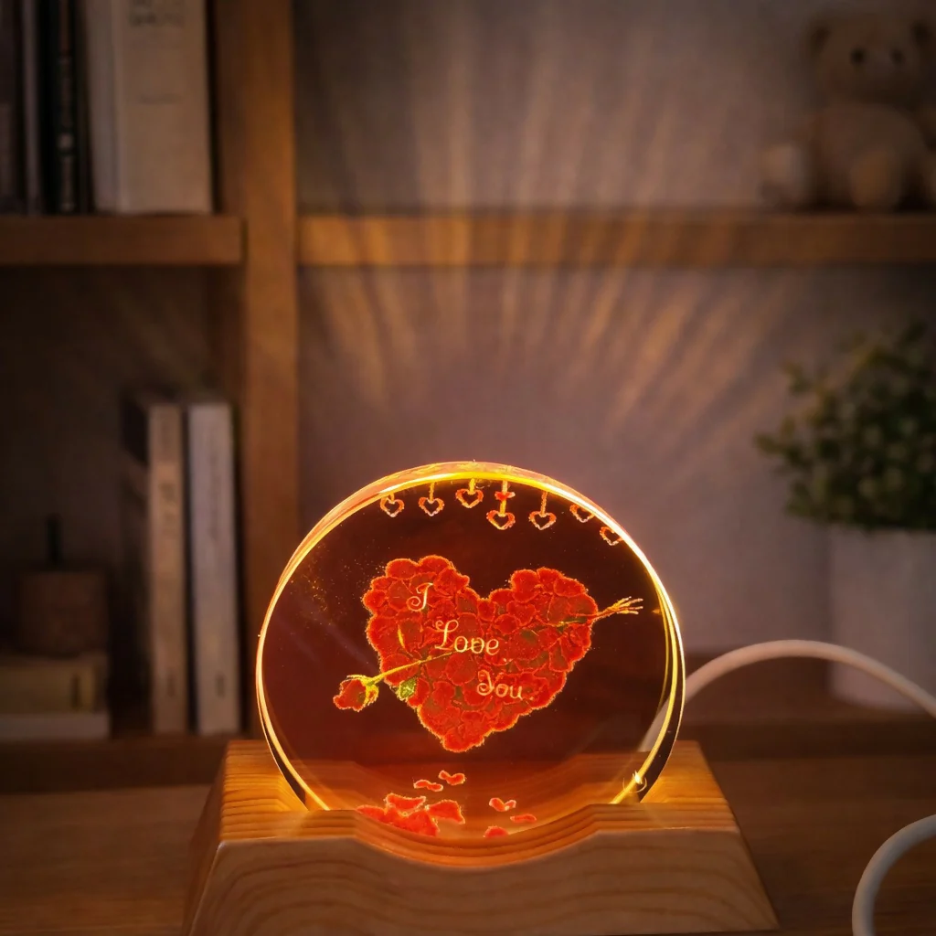 I Love You Heart Acrylic LED Lamp with Wooden Base Romantic Gift Light - Image 3
