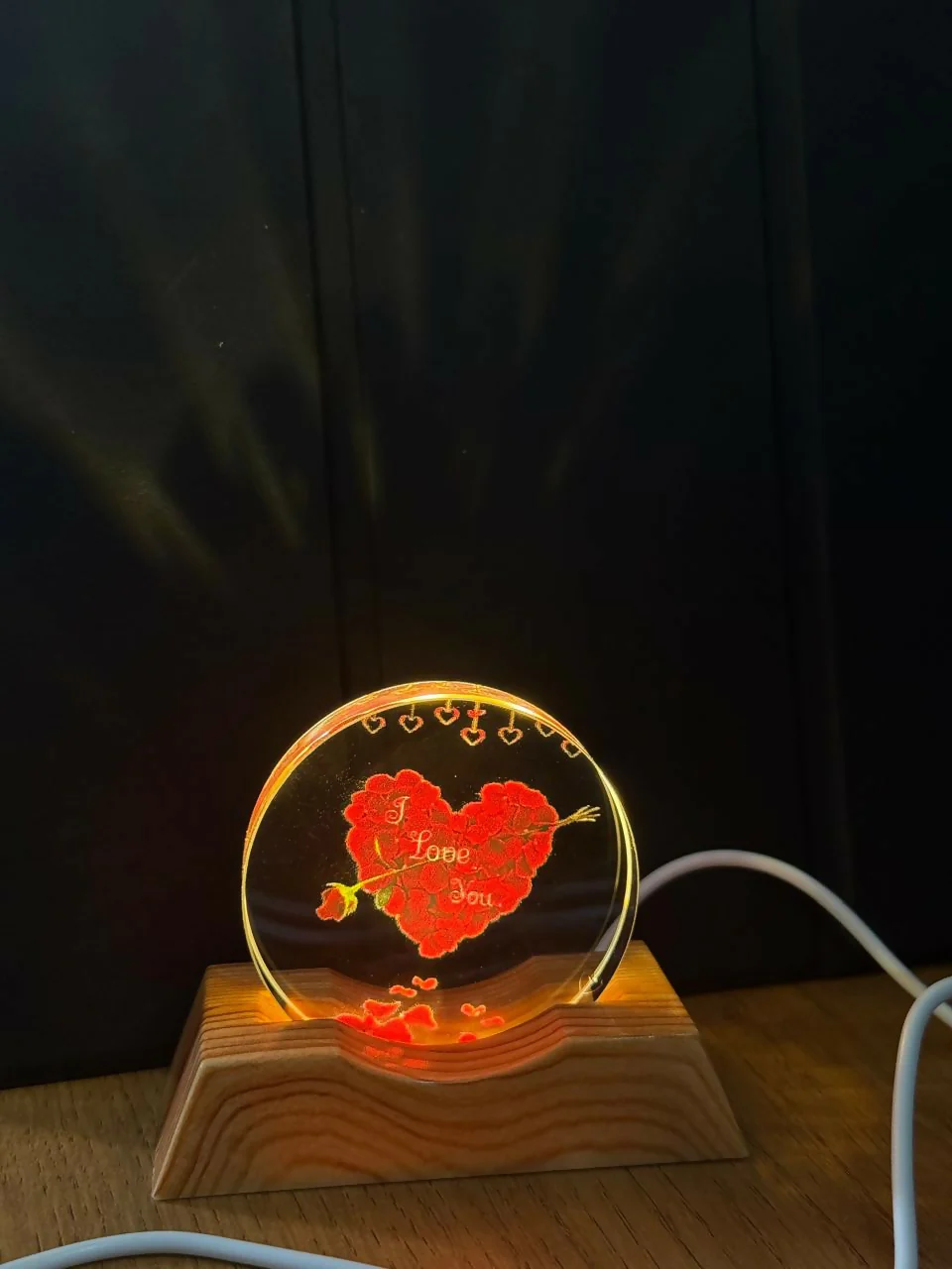 I Love You Heart Acrylic LED Lamp with Wooden Base Romantic Gift Light - Image 4