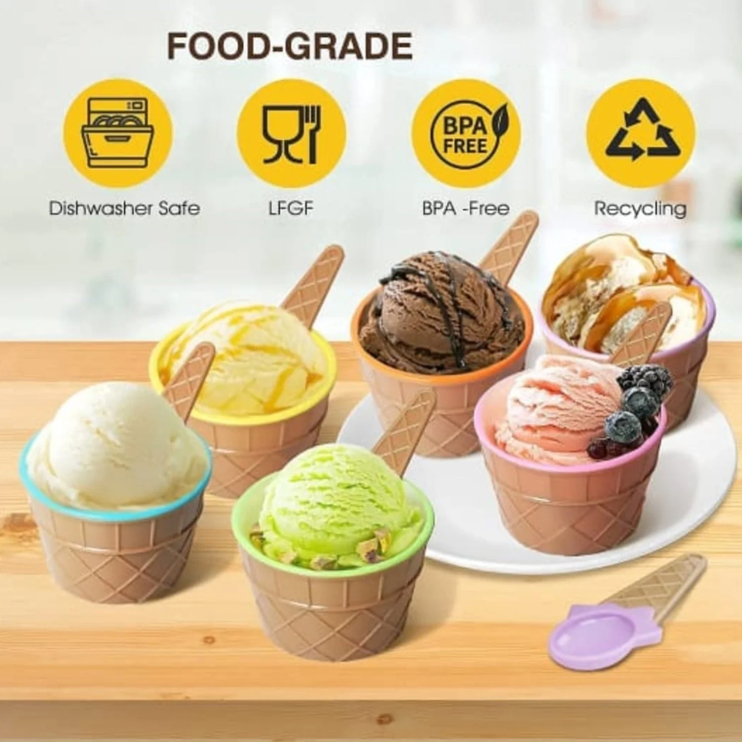 Premium Ice Cream Waffle Spoon Bowl Set (6-Piece , Color Box) - Image 7