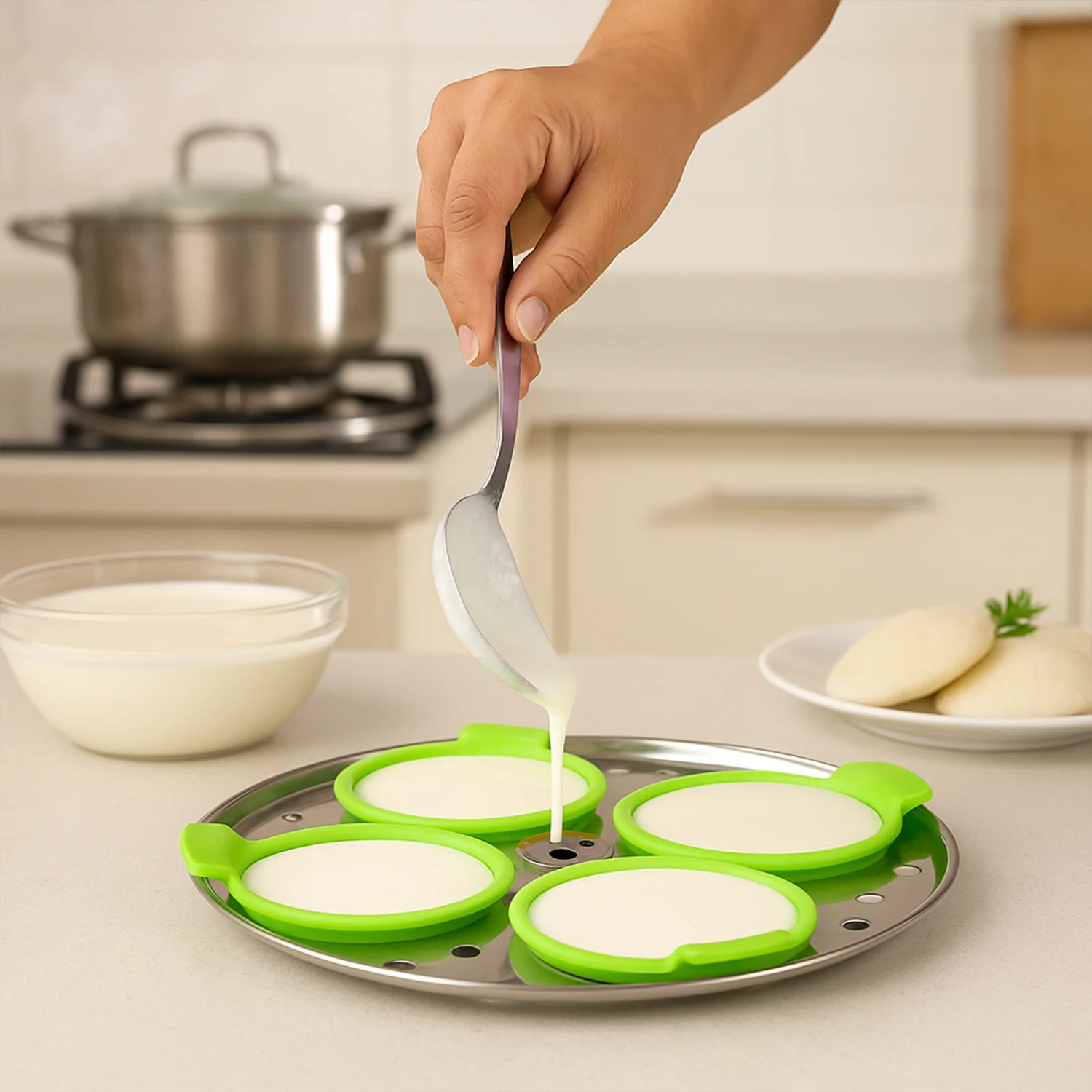 Idli Maker Cups Food-Grade Silicone Non-Stick Idli/ Dhokla/ Egg Poacher (4 Pcs) - Image 6