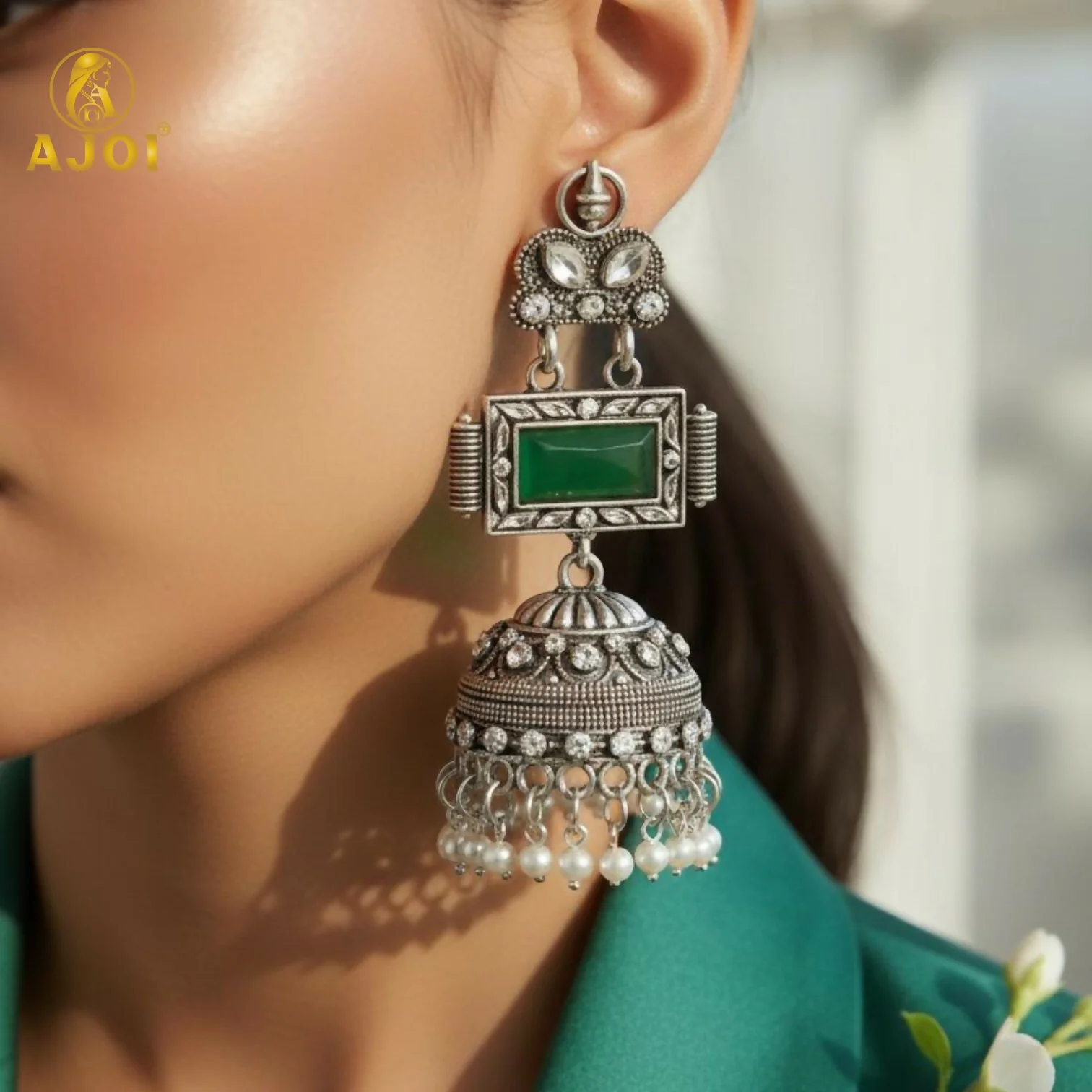 Imperial Heritage Oxidized Silver Jhumka Earrings with Deep Green Stone Earring - Image 2