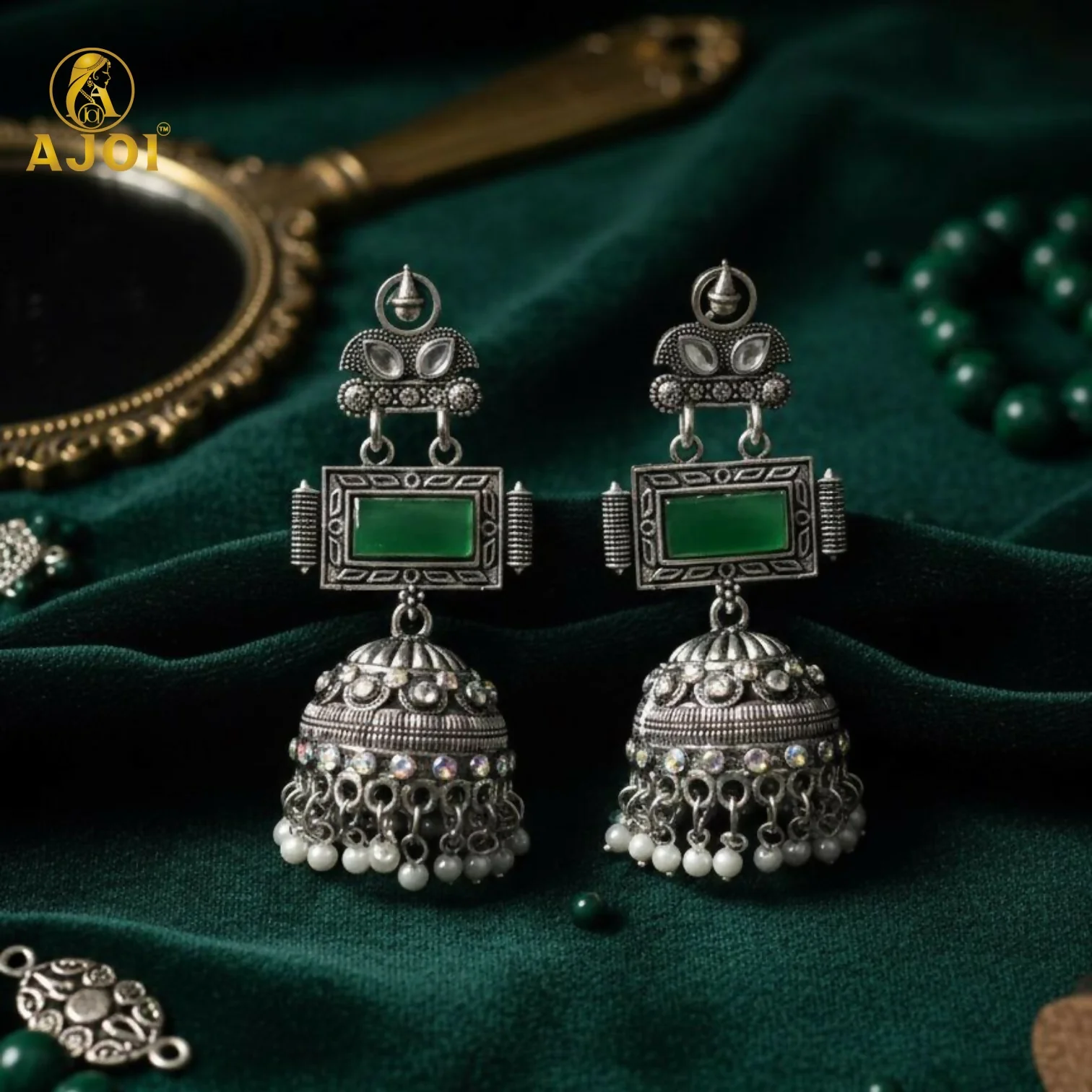 Imperial Heritage Oxidized Silver Jhumka Earrings with Deep Green Stone Earring - Image 3