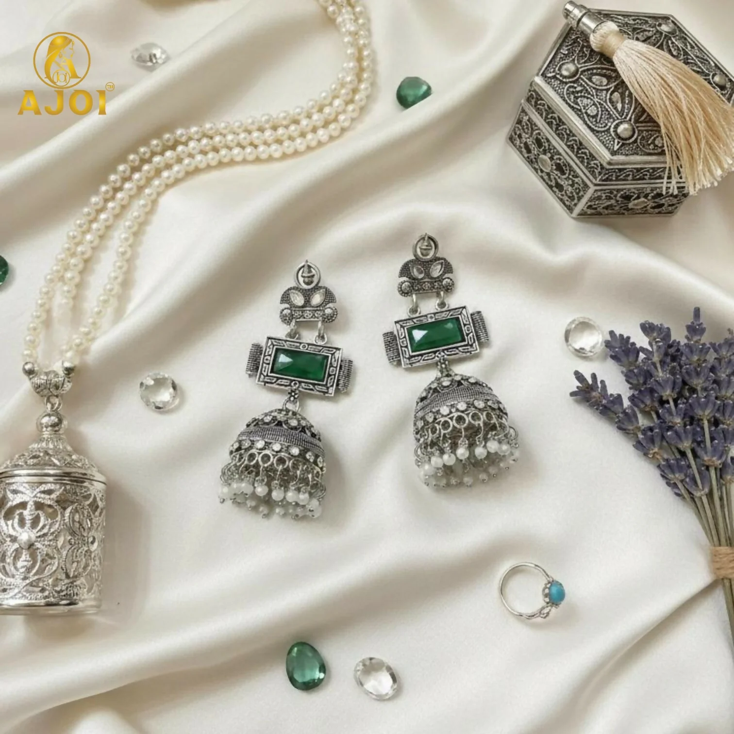 Imperial Heritage Oxidized Silver Jhumka Earrings with Deep Green Stone Earring - Image 4