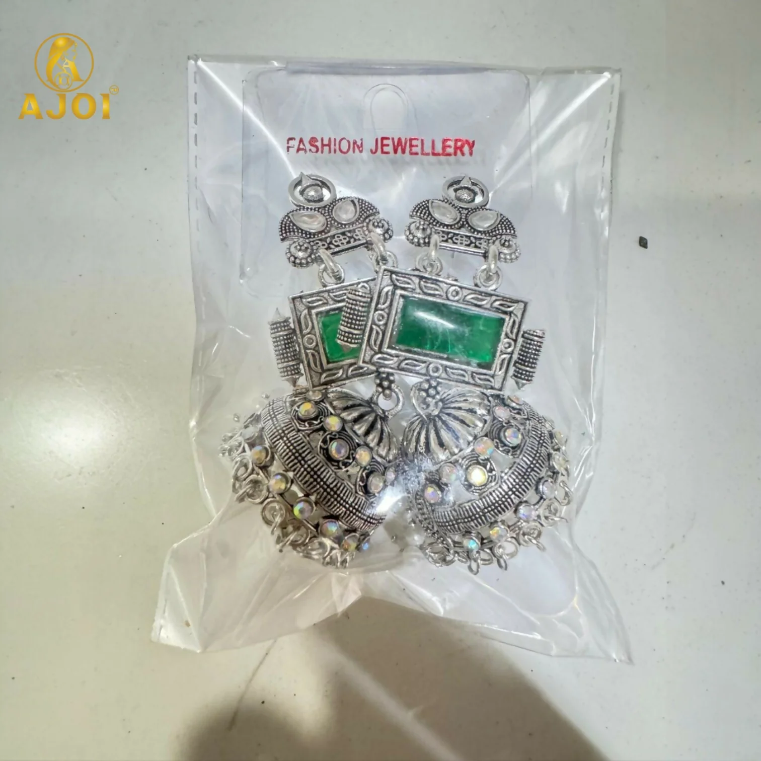 Imperial Heritage Oxidized Silver Jhumka Earrings with Deep Green Stone Earring - Image 5
