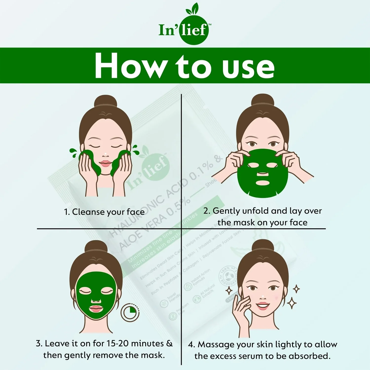In’lief Hyaluronic Acid 0.1% & Aloe Vera 0.5% Hydrating Facial mask (1 Pc) - Image 3
