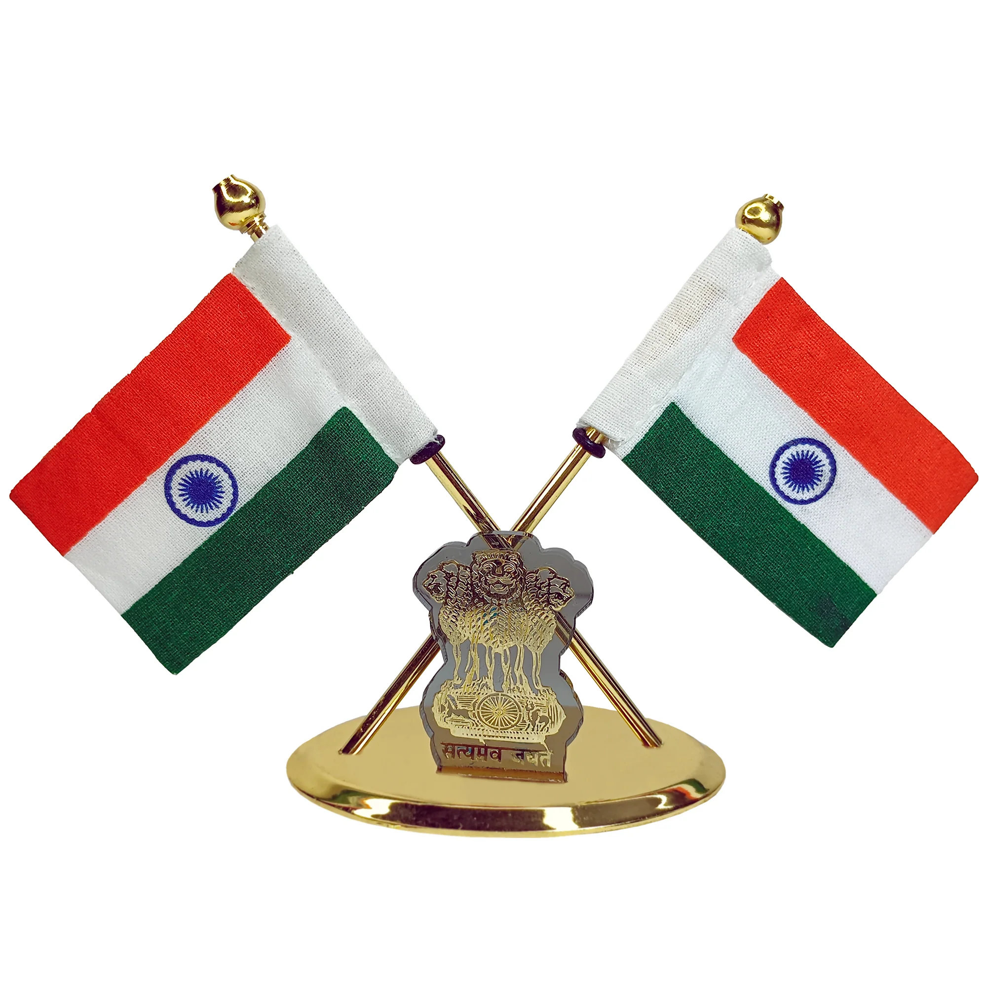 Indian Flag Table Stand with Dual Flags and National Emblem - Desk Decor for Patriotic Spaces - Image 2