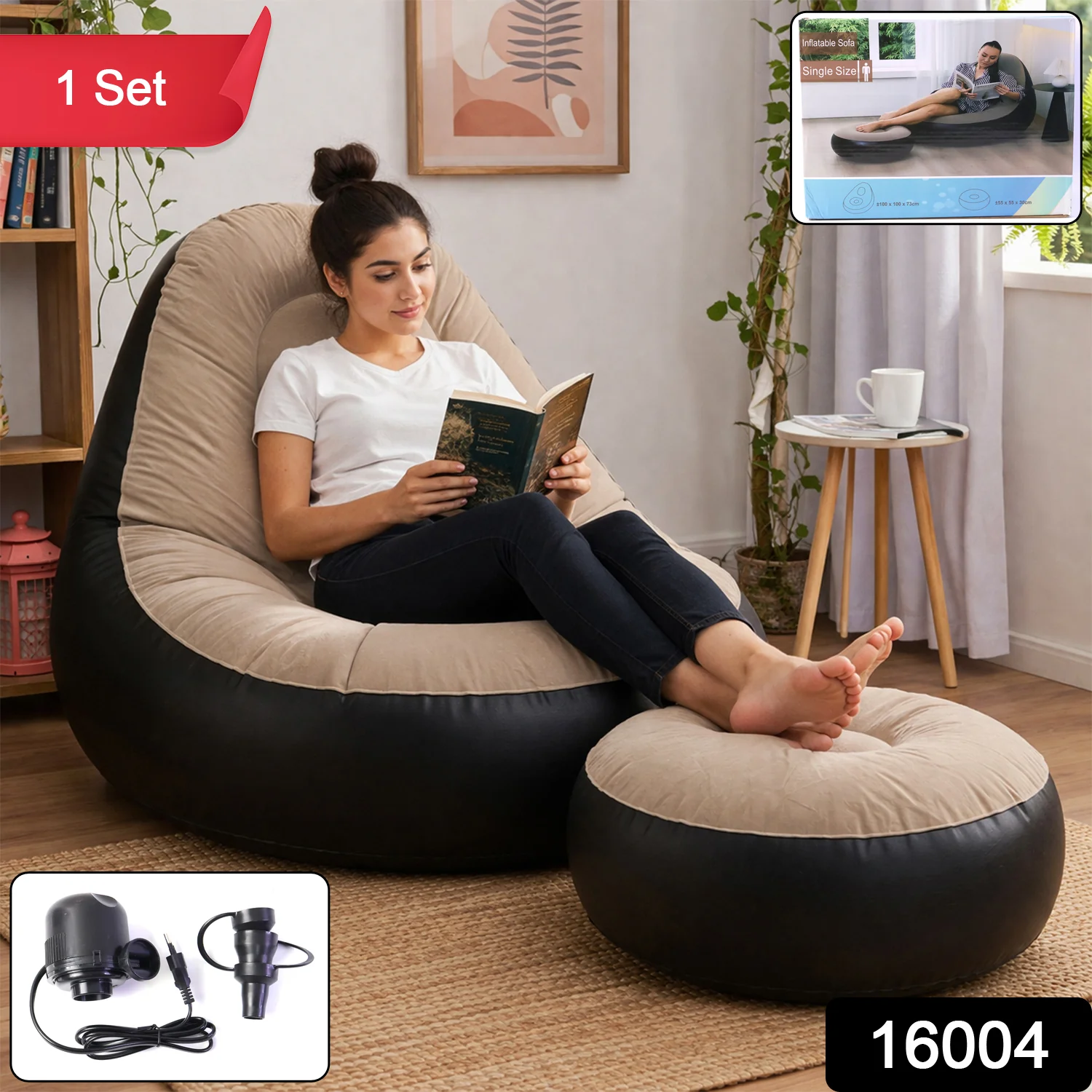 Inflatable Air Sofa Chair Set (1 Set, 100x100x73 + 55x55x30 Cm) - Image 2