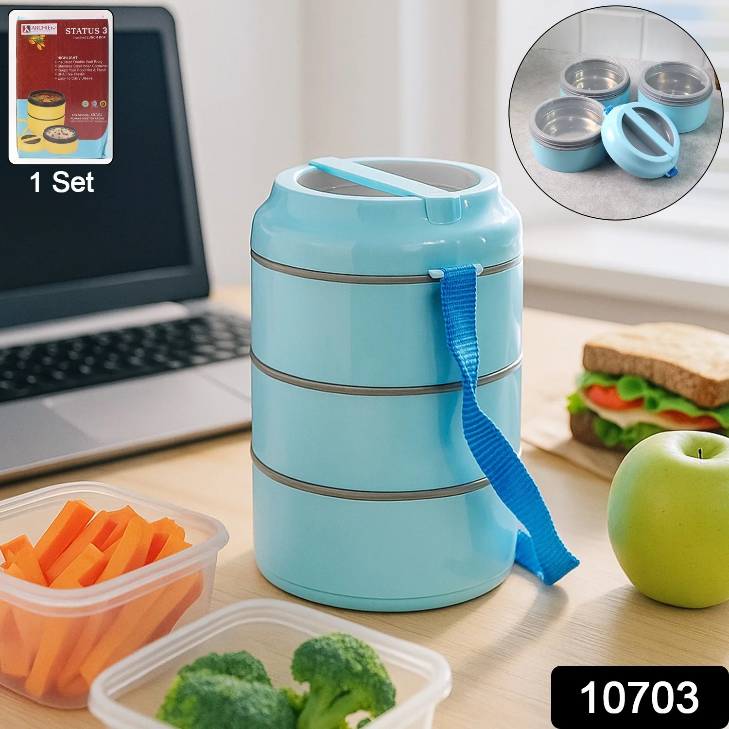 3 Layer Insulated Lunch Box Set with Handle & Strap - (Set) - Image 2