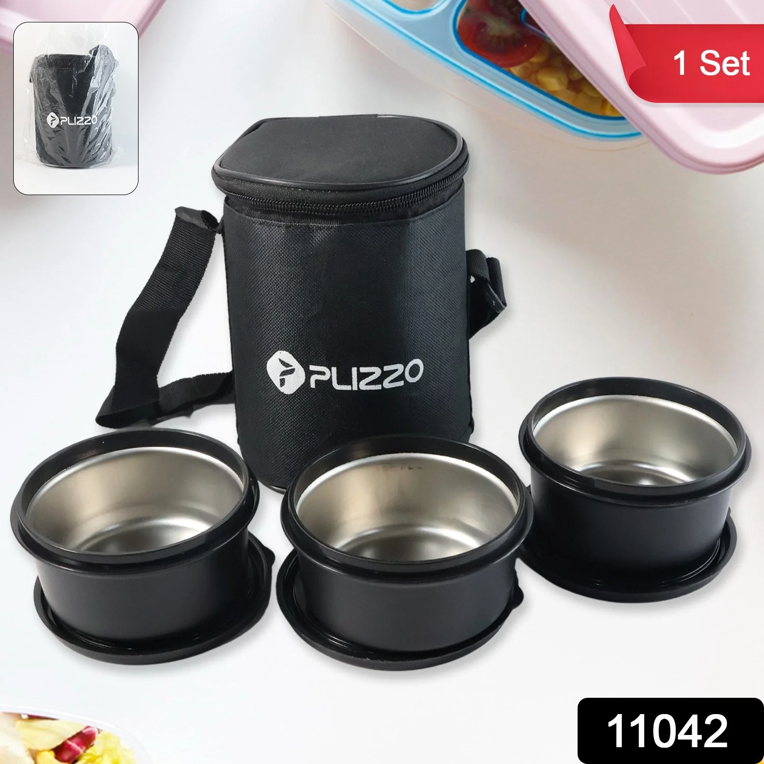 Insulated Stainless Steel Tiffin Lunch Box Set with Carry Bag (1 Set) - Image 2
