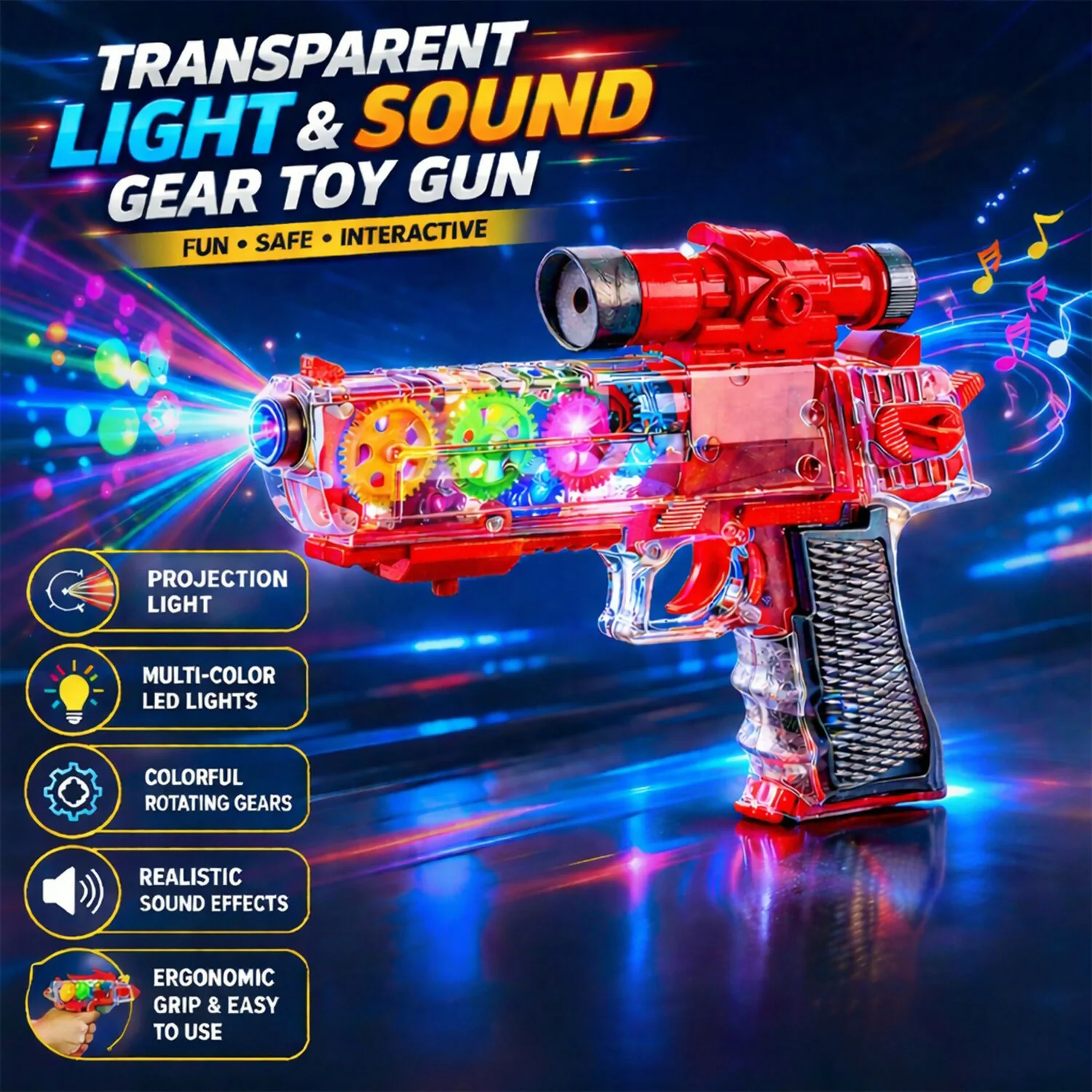 Interactive Light & Sound Transparent Gear Toy Gun with LED Lights and Sound Effects (Colour May Very) - Image 2