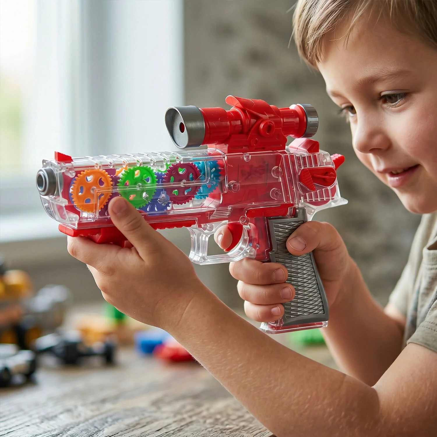 Interactive Light & Sound Transparent Gear Toy Gun with LED Lights and Sound Effects (Colour May Very) - Image 3