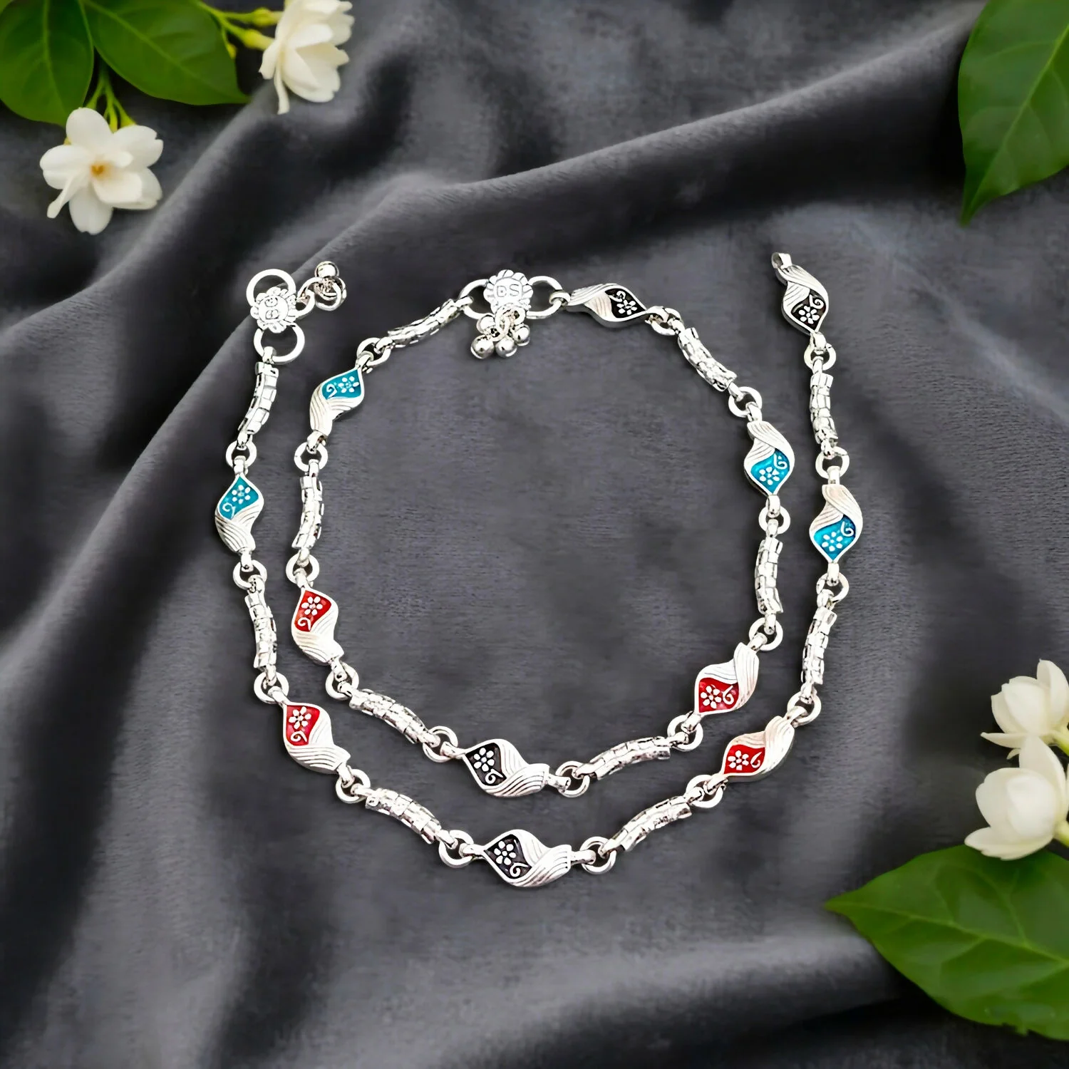 Intricate leaf/floral patterns featuring vibrant red, navy blue, and black enamel anklet ( payal ) - Image 3