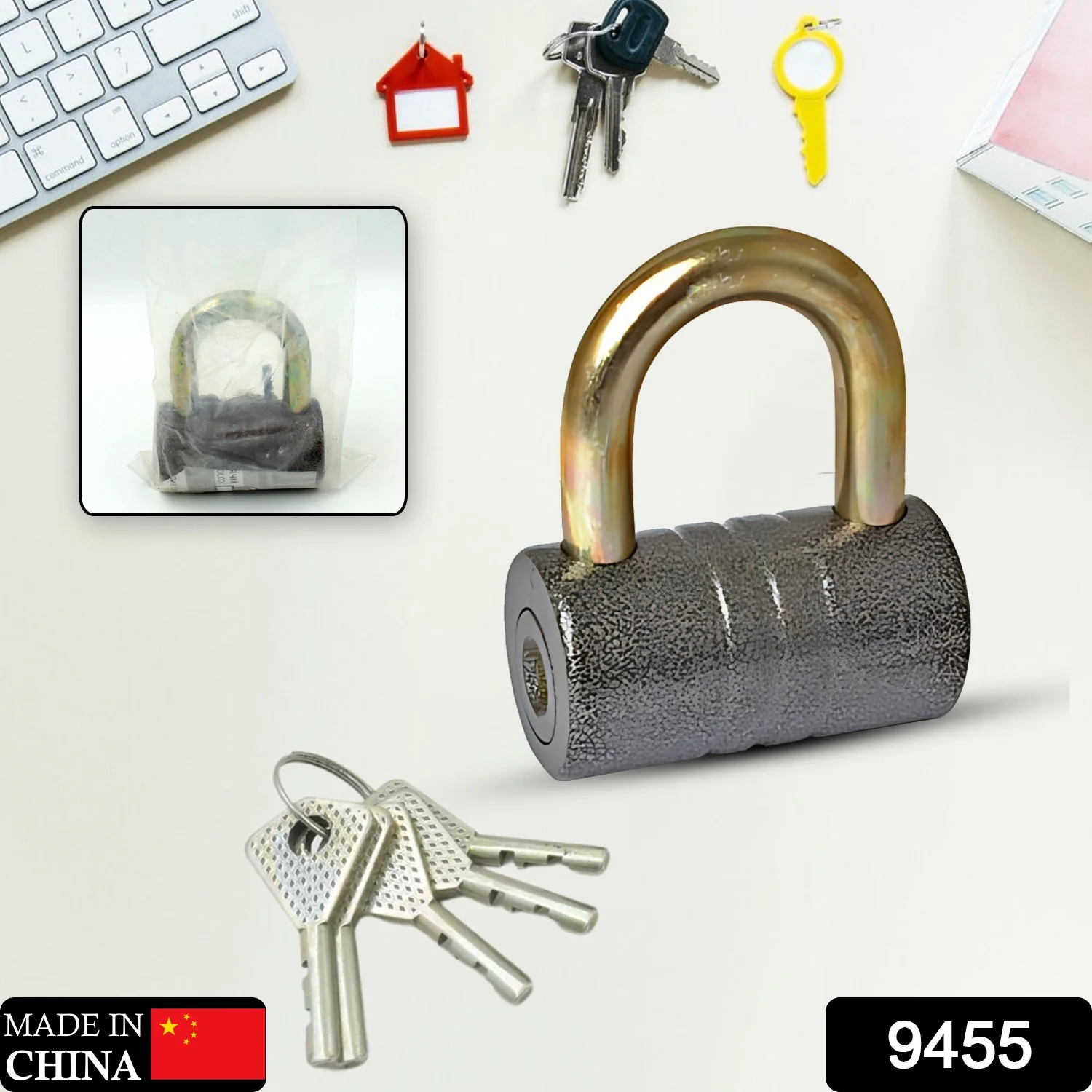 Heavy-Duty Iron Padlock – 82mm Black with Brass Core & 5 Keys, Waterproof - Image 2