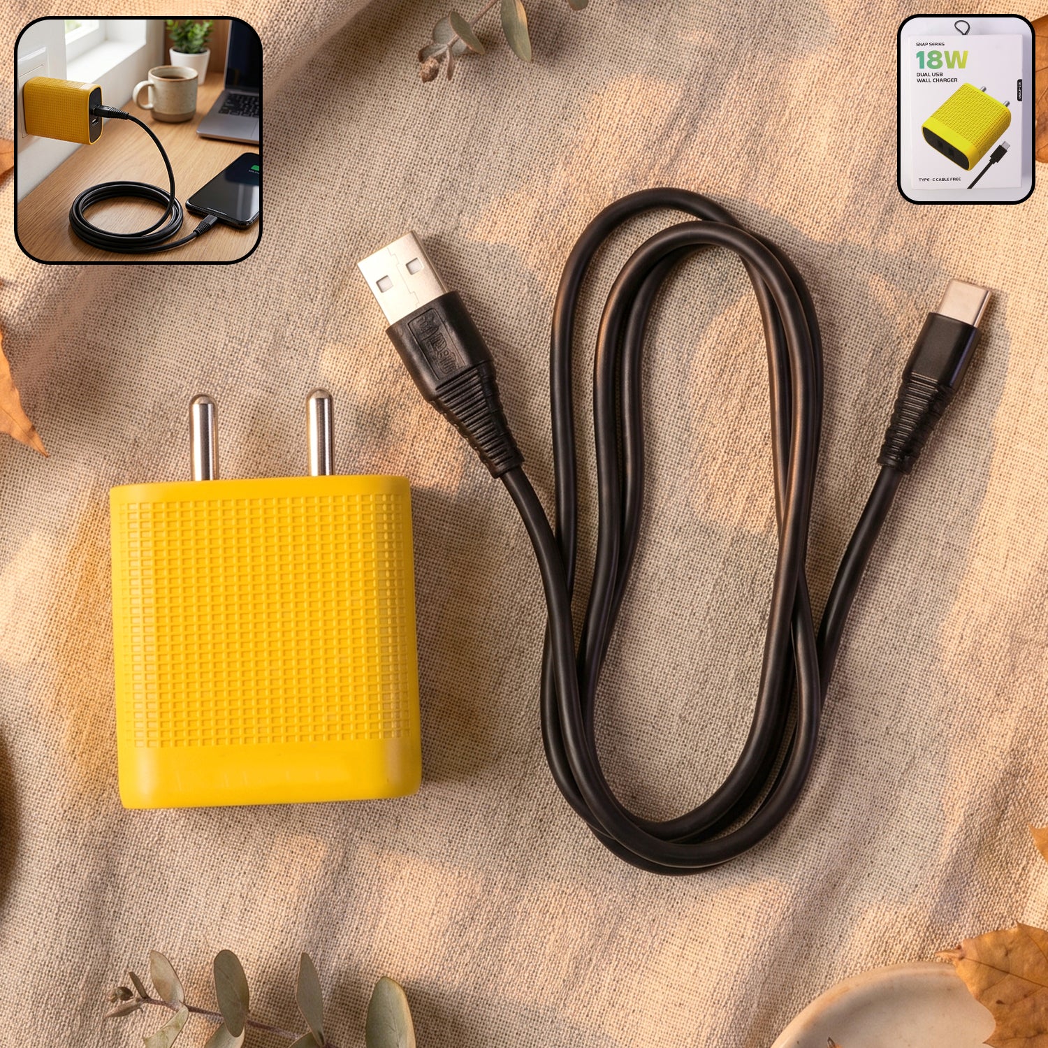 18W Dual USB Fast Charging Wall Charger Adapter with Free Type C Cable - Image 2