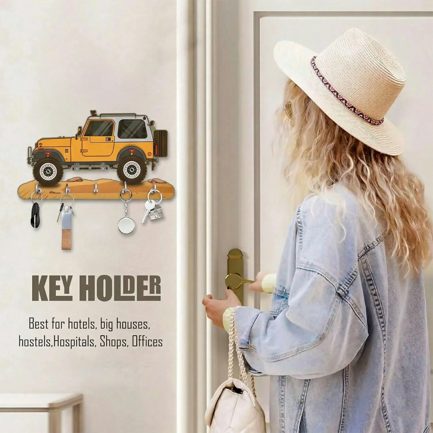 Jeep Design Wooden Key Holder with 5 Hooks Decorative Wall Key Stand for Home - Image 2
