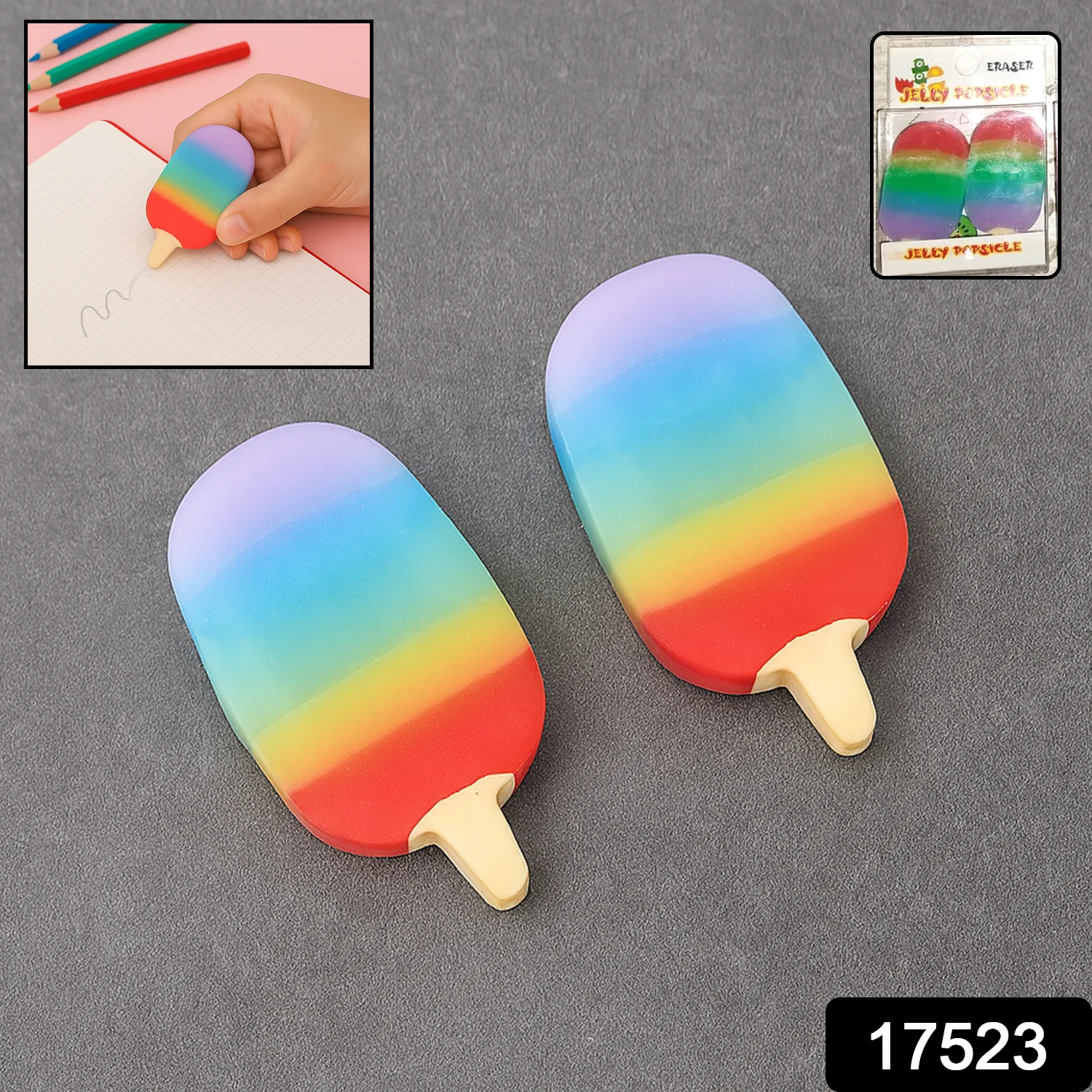 Jelly Popsicle Erasers – Cute & Fancy Mini Erasers for Kids (2 Pc Set, Mix Design) - Image 2