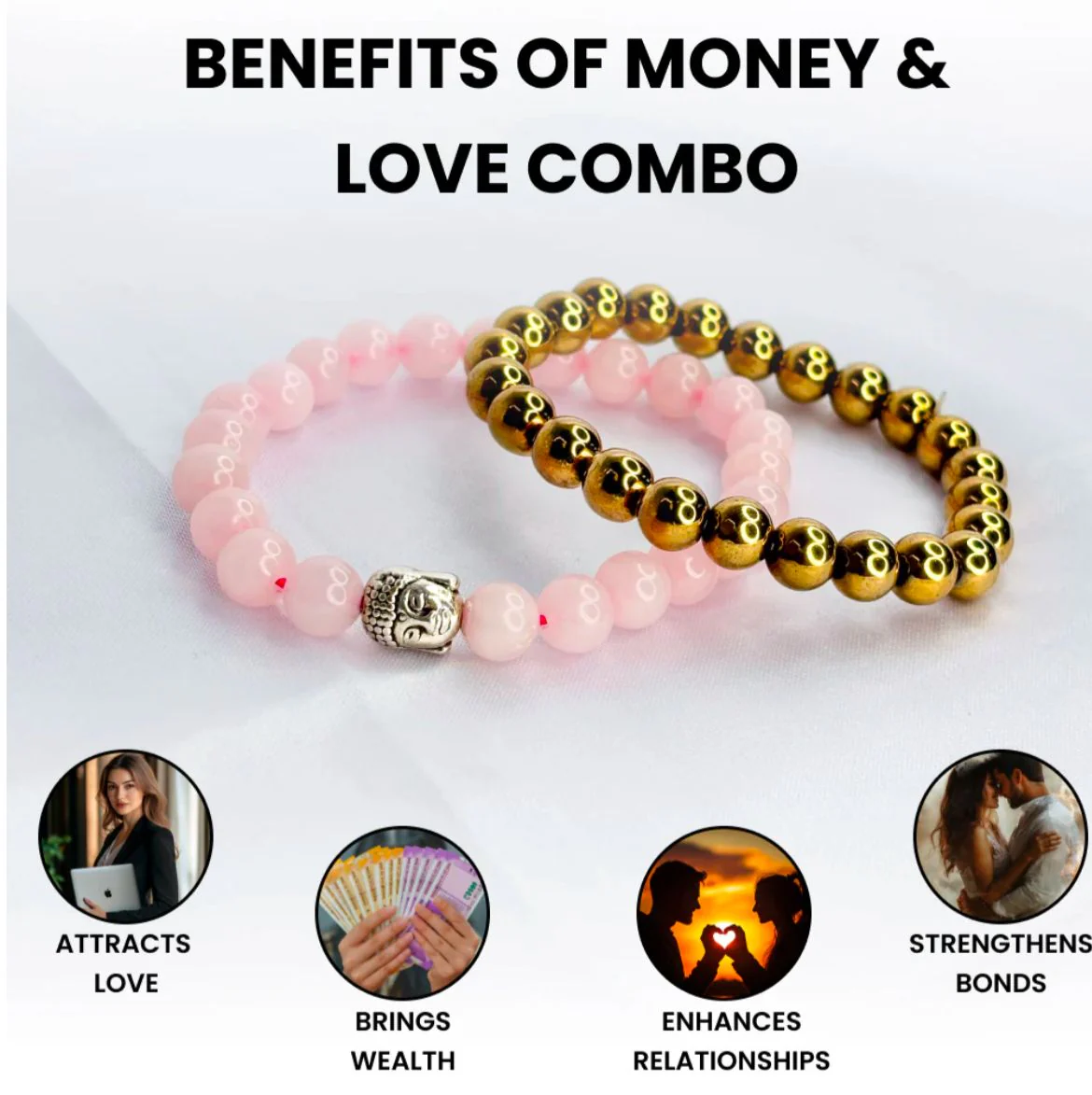 Reiki Crystal Products Natural Rose Quartz Bracelet With Buddha Head (2 pc set) - Image 3