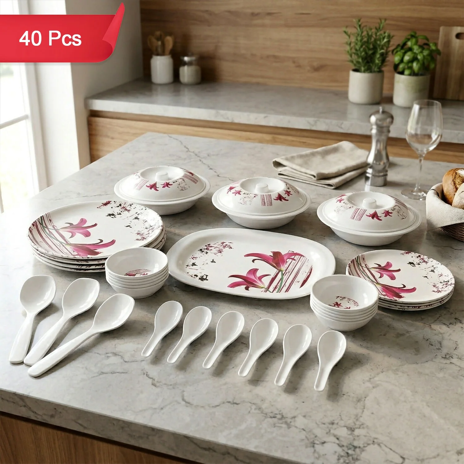 Kalmiya Neelkanth Gold 40 Pcs Melamine Dinner Set with Plates Bowls Serving Set