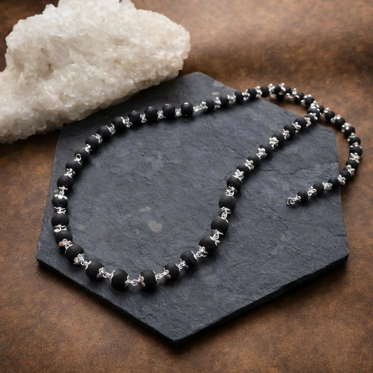 Karungali mala Black Matte Beaded Necklace with Silver plated (Original) - Image 3