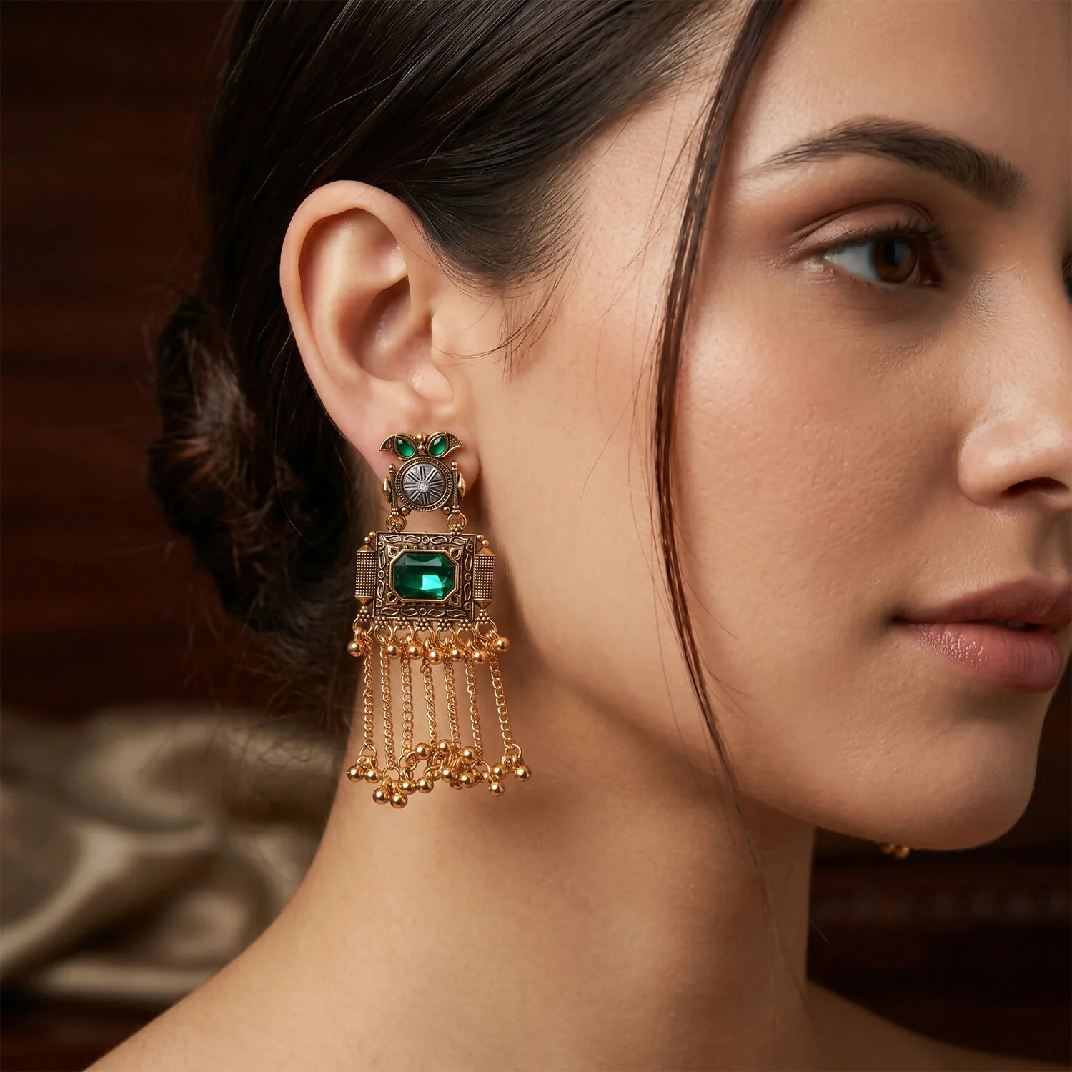 Kashmiri Antique Long Tassel Earrings with Green Stone & Ghungroo Chain Drops - Image 2