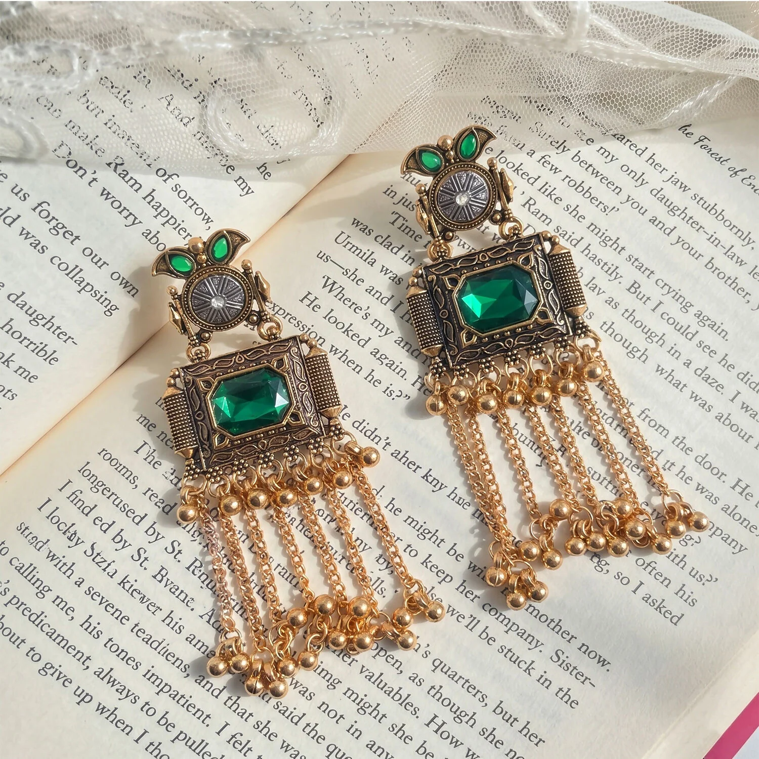 Kashmiri Antique Long Tassel Earrings with Green Stone & Ghungroo Chain Drops - Image 3