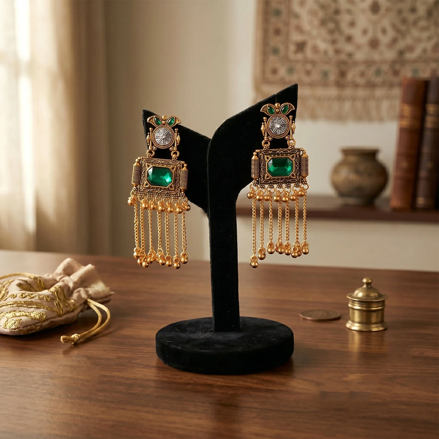 Kashmiri Antique Long Tassel Earrings with Green Stone & Ghungroo Chain Drops - Image 4