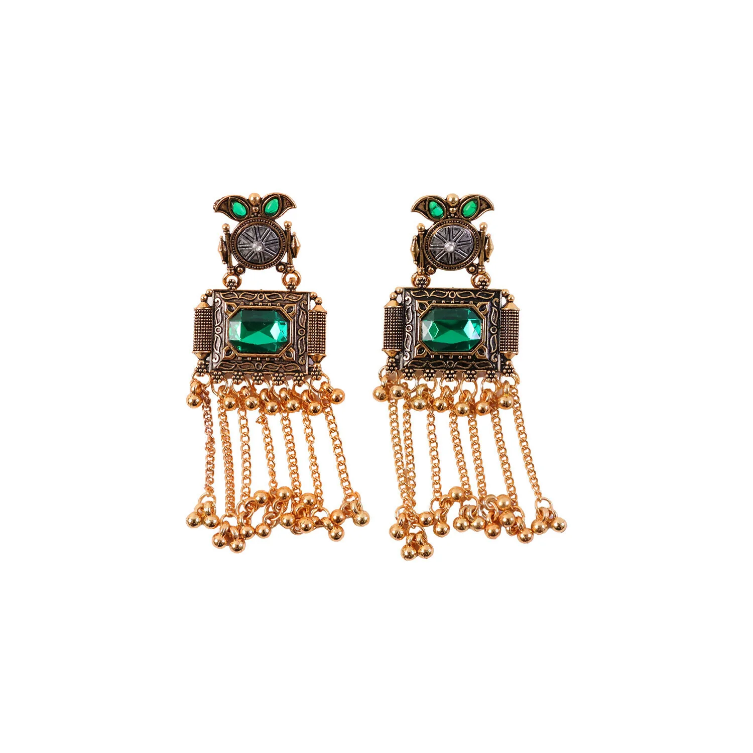 Kashmiri Antique Long Tassel Earrings with Green Stone & Ghungroo Chain Drops - Image 5