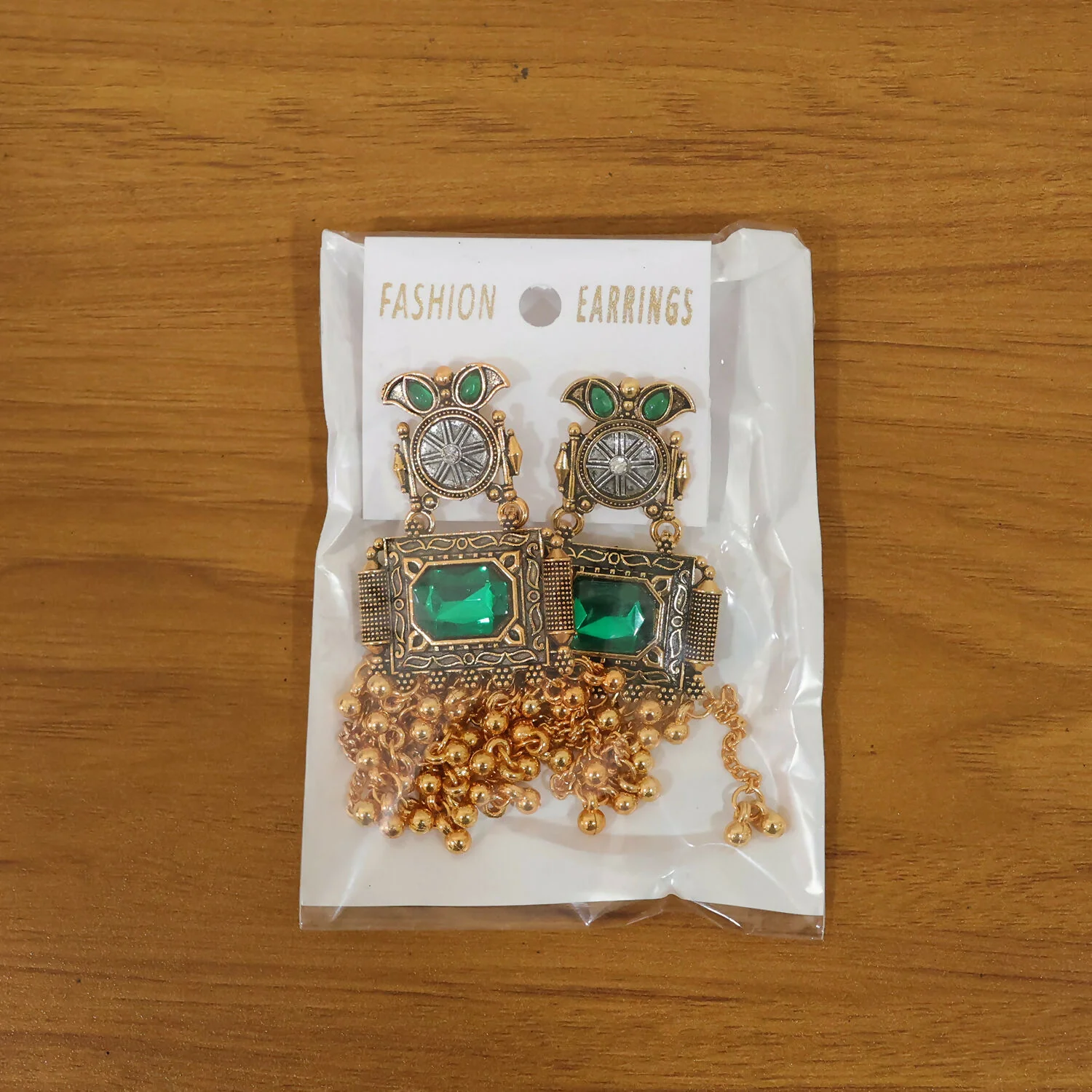 Kashmiri Antique Long Tassel Earrings with Green Stone & Ghungroo Chain Drops - Image 6