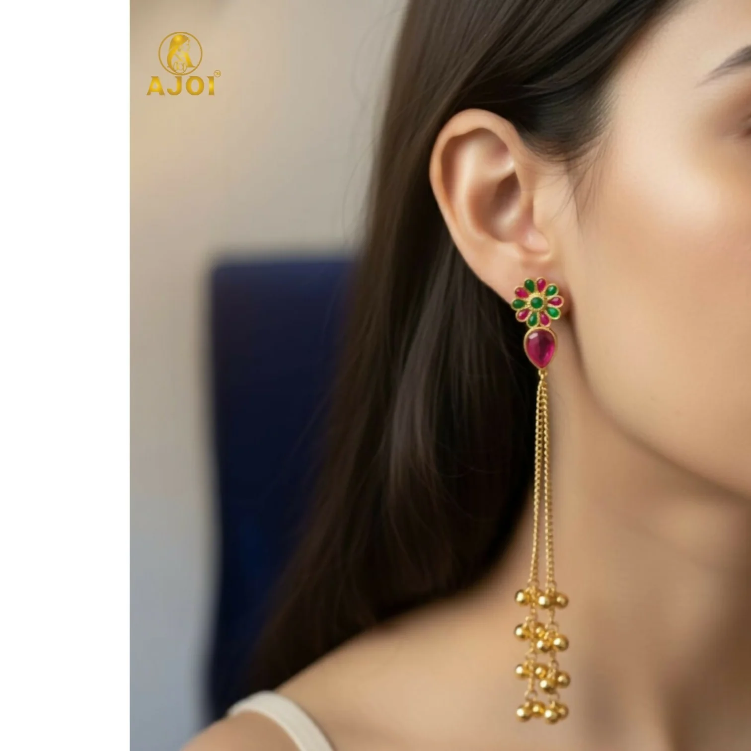 Kashmiri Gulbahar Gold Plated Long Chain Drop Earrings with Red & Green Stones - Image 2