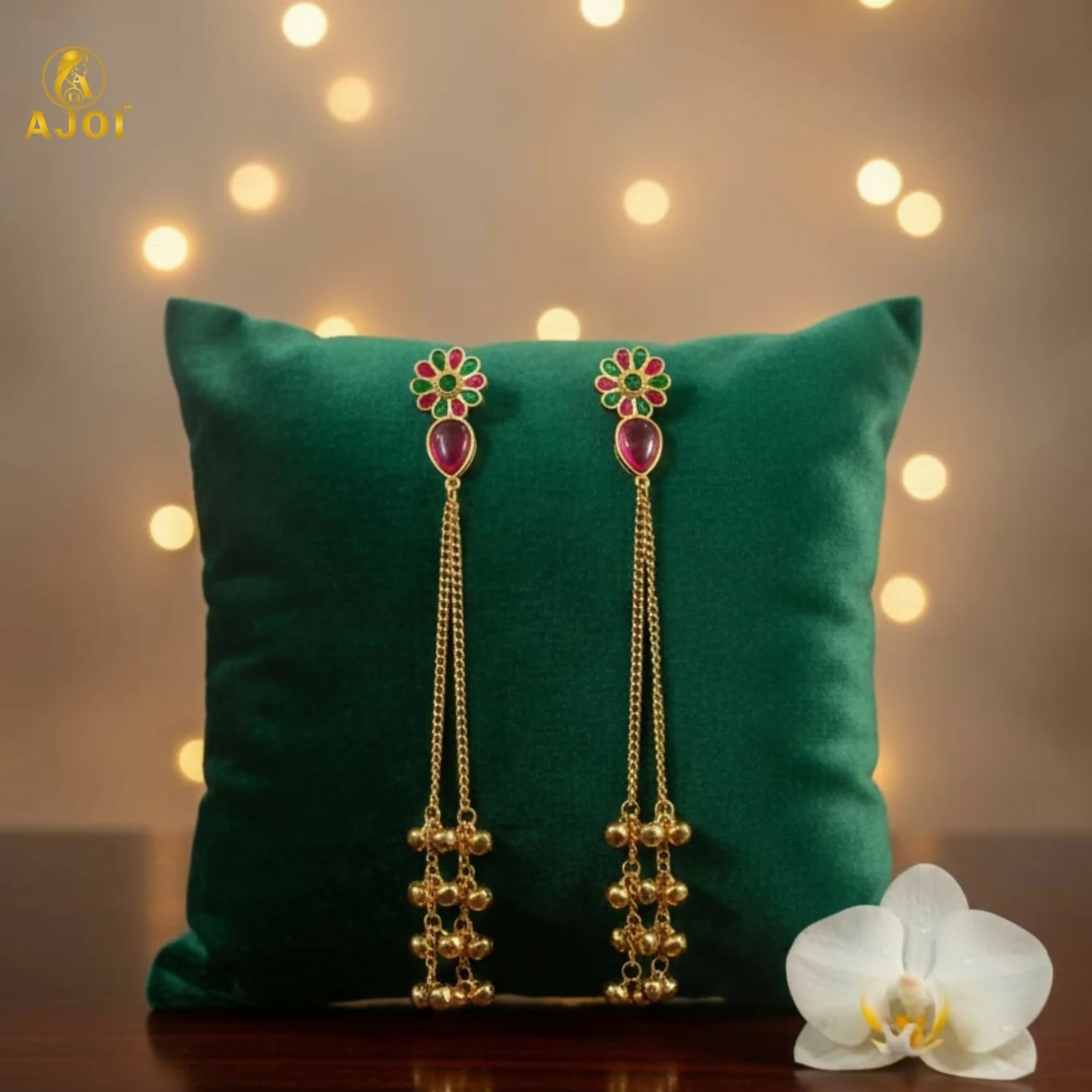 Kashmiri Gulbahar Gold Plated Long Chain Drop Earrings with Red & Green Stones - Image 3