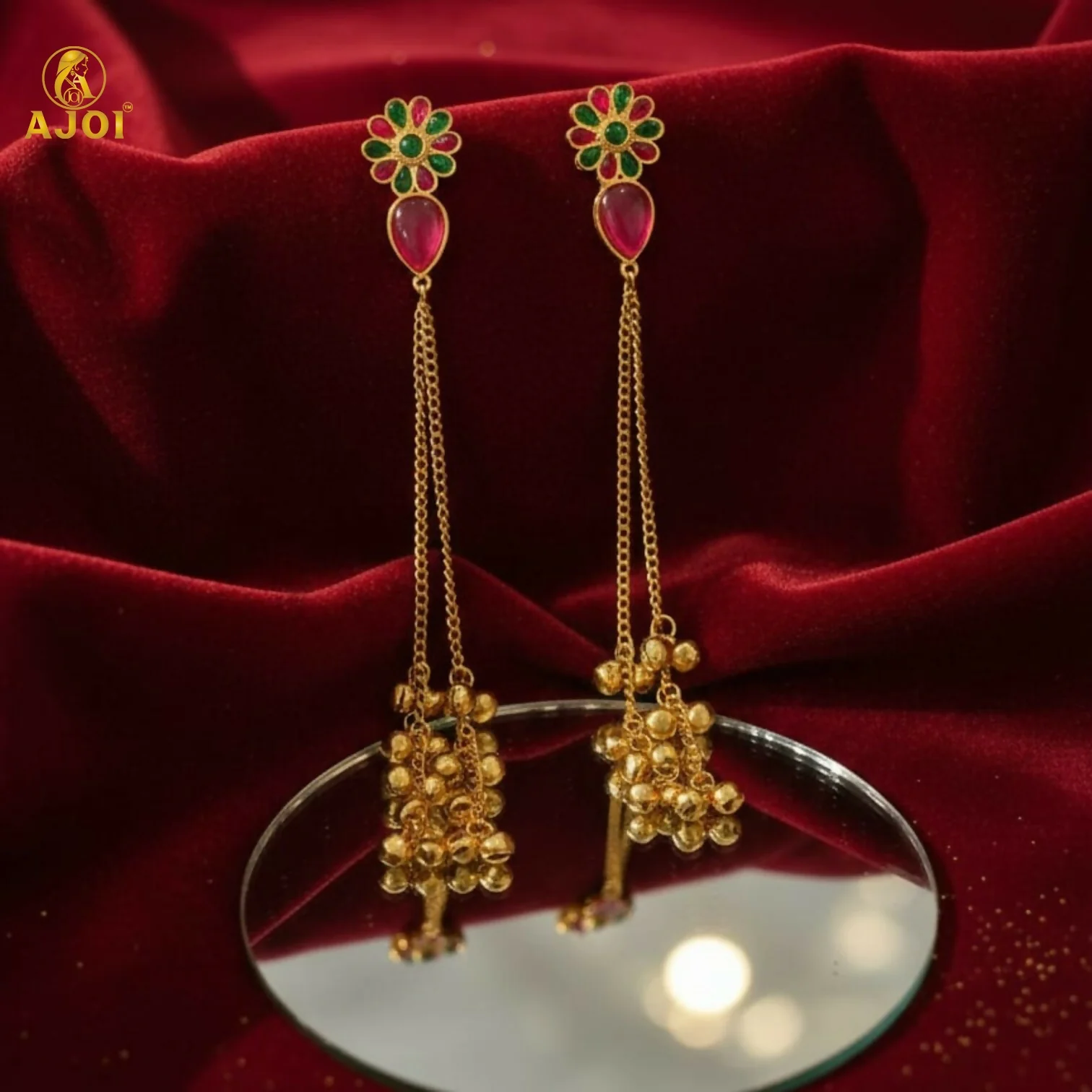 Kashmiri Gulbahar Gold Plated Long Chain Drop Earrings with Red & Green Stones - Image 4