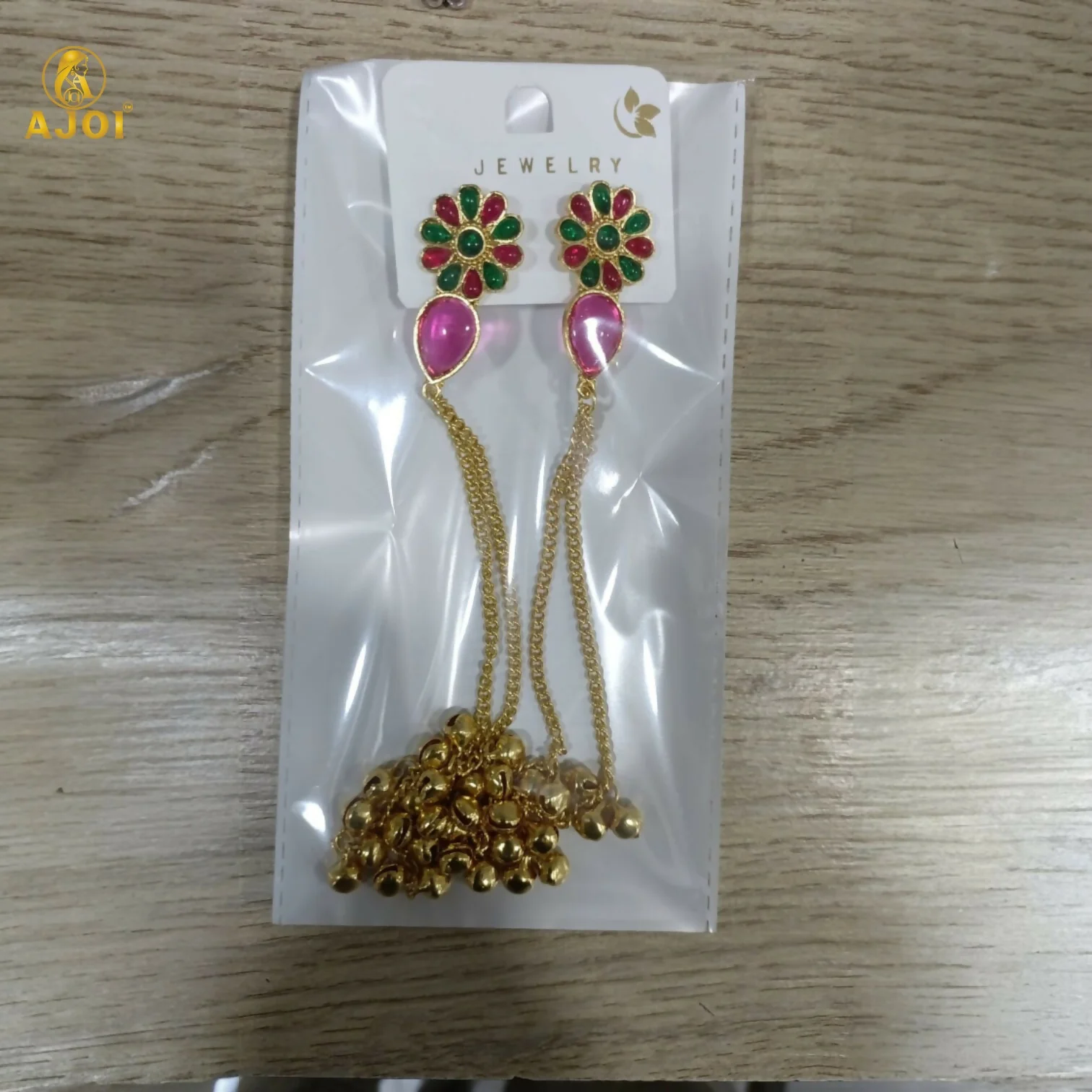 Kashmiri Gulbahar Gold Plated Long Chain Drop Earrings with Red & Green Stones - Image 6