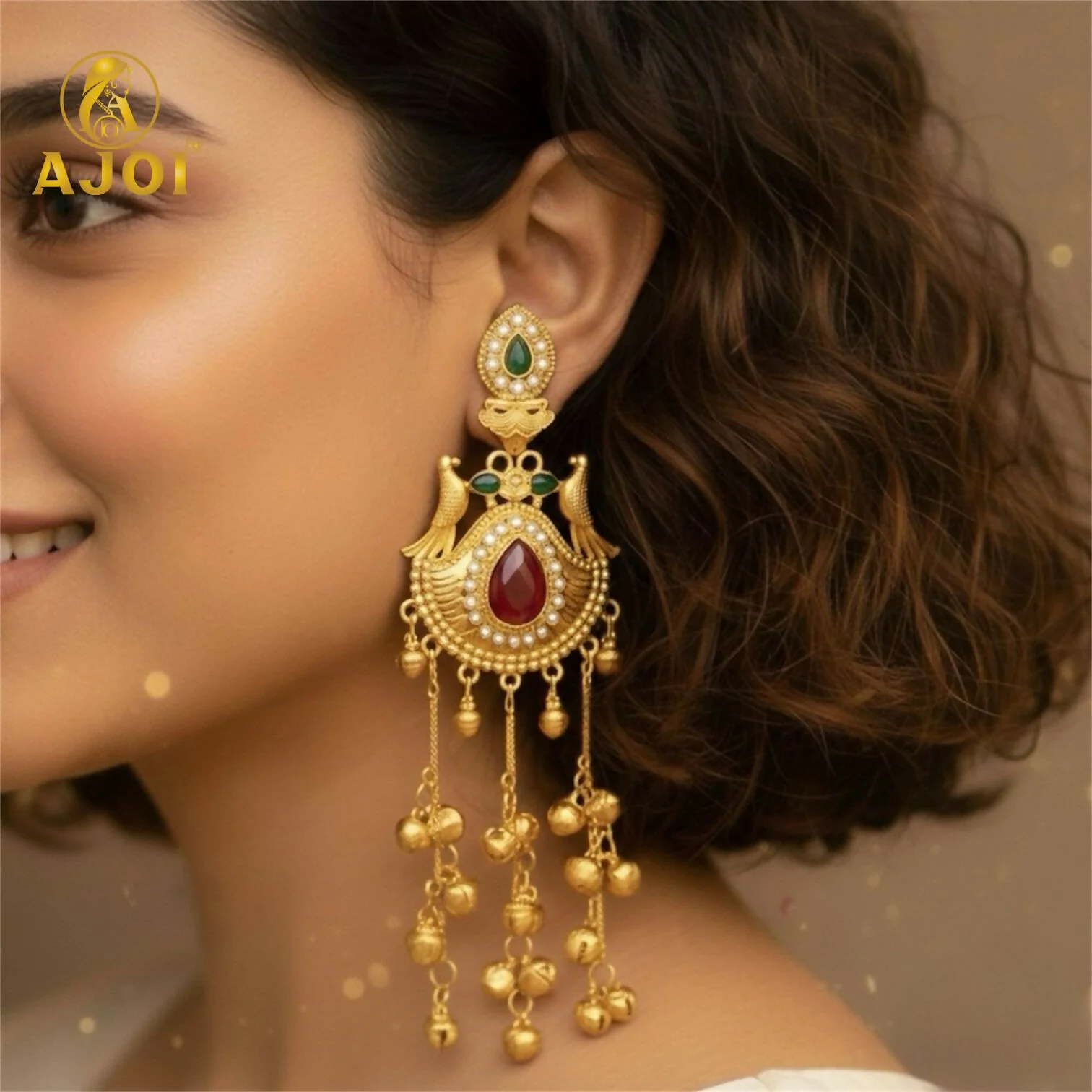 Kashmiri Heritage Gold-Plated Dangler Earring with Red Teardrop Stone, Pearl Detailing & Ghungroo Chains. - Image 2