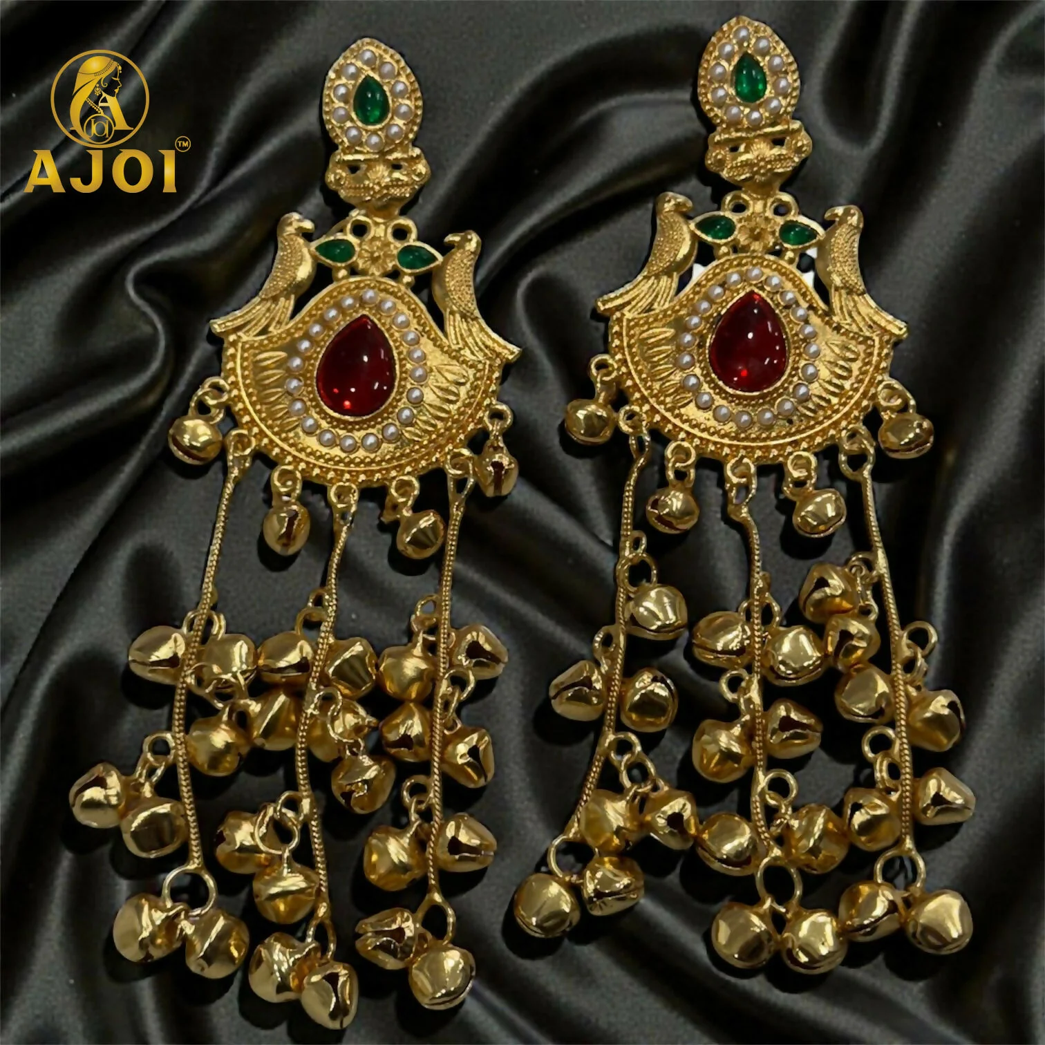 Kashmiri Heritage Gold-Plated Dangler Earring with Red Teardrop Stone, Pearl Detailing & Ghungroo Chains. - Image 3