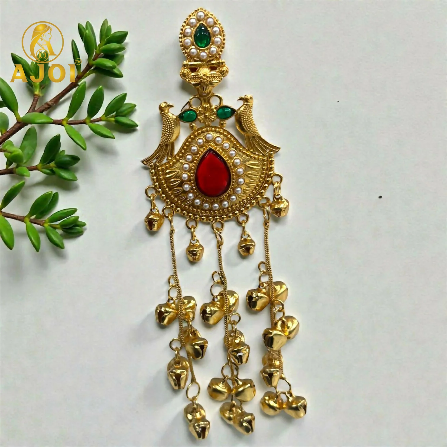 Kashmiri Heritage Gold-Plated Dangler Earring with Red Teardrop Stone, Pearl Detailing & Ghungroo Chains. - Image 4