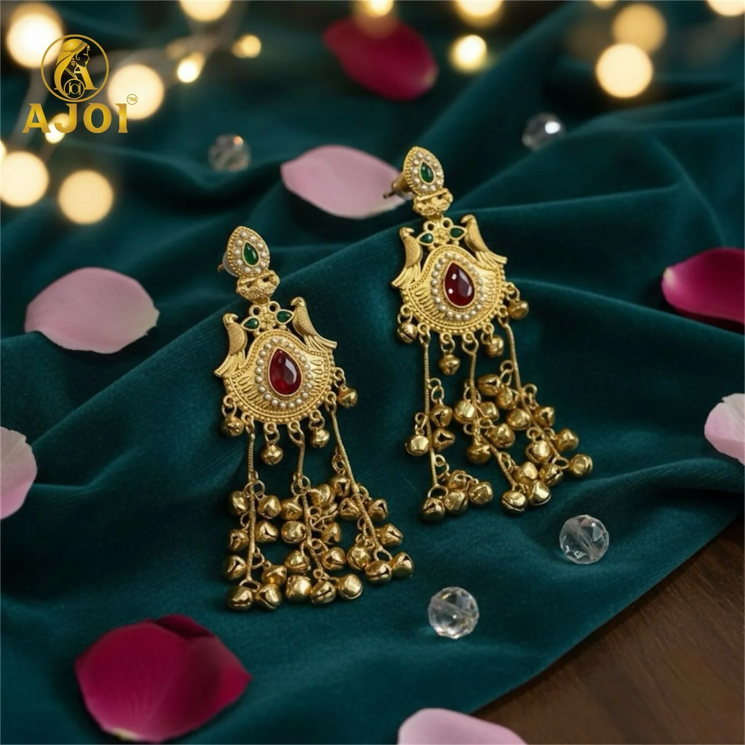 Kashmiri Heritage Gold-Plated Dangler Earring with Red Teardrop Stone, Pearl Detailing & Ghungroo Chains. - Image 5