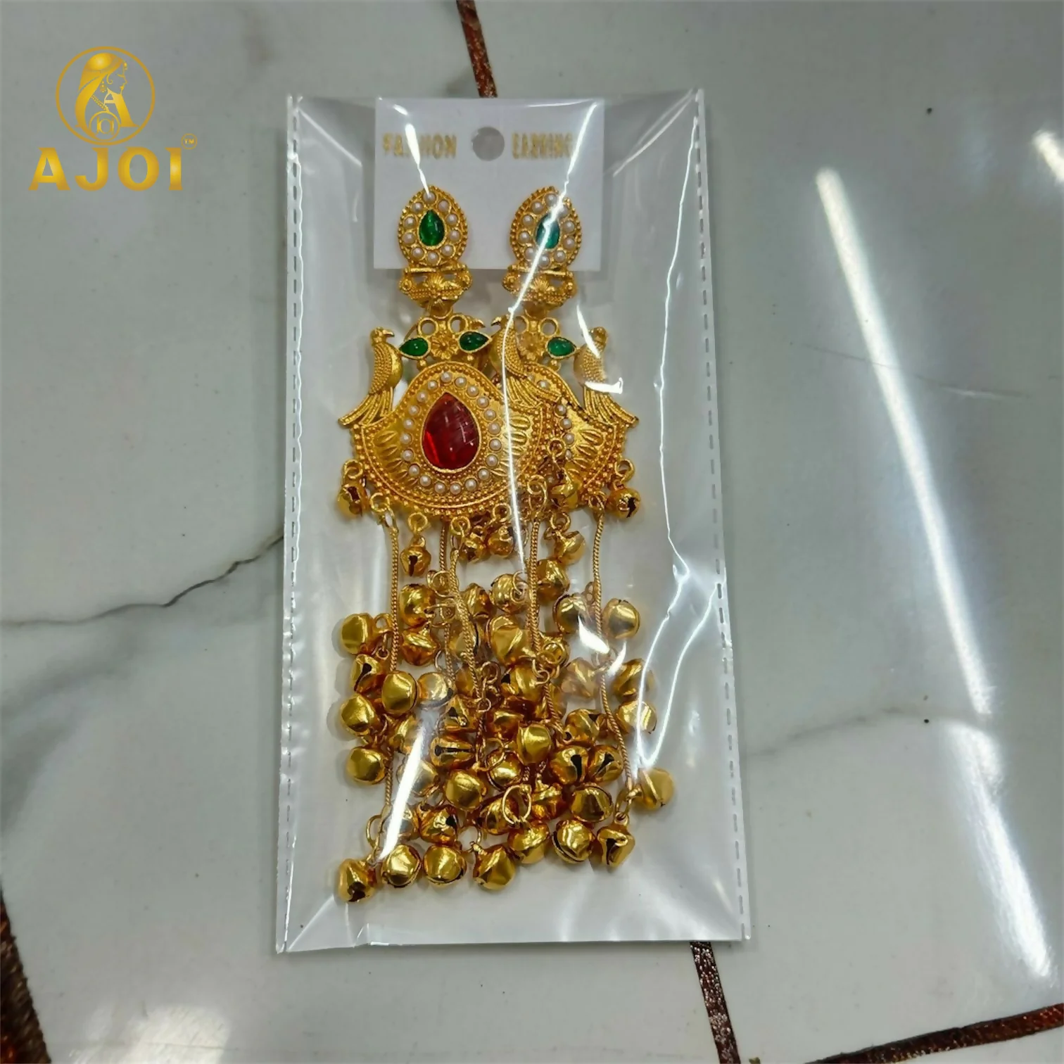 Kashmiri Heritage Gold-Plated Dangler Earring with Red Teardrop Stone, Pearl Detailing & Ghungroo Chains. - Image 6