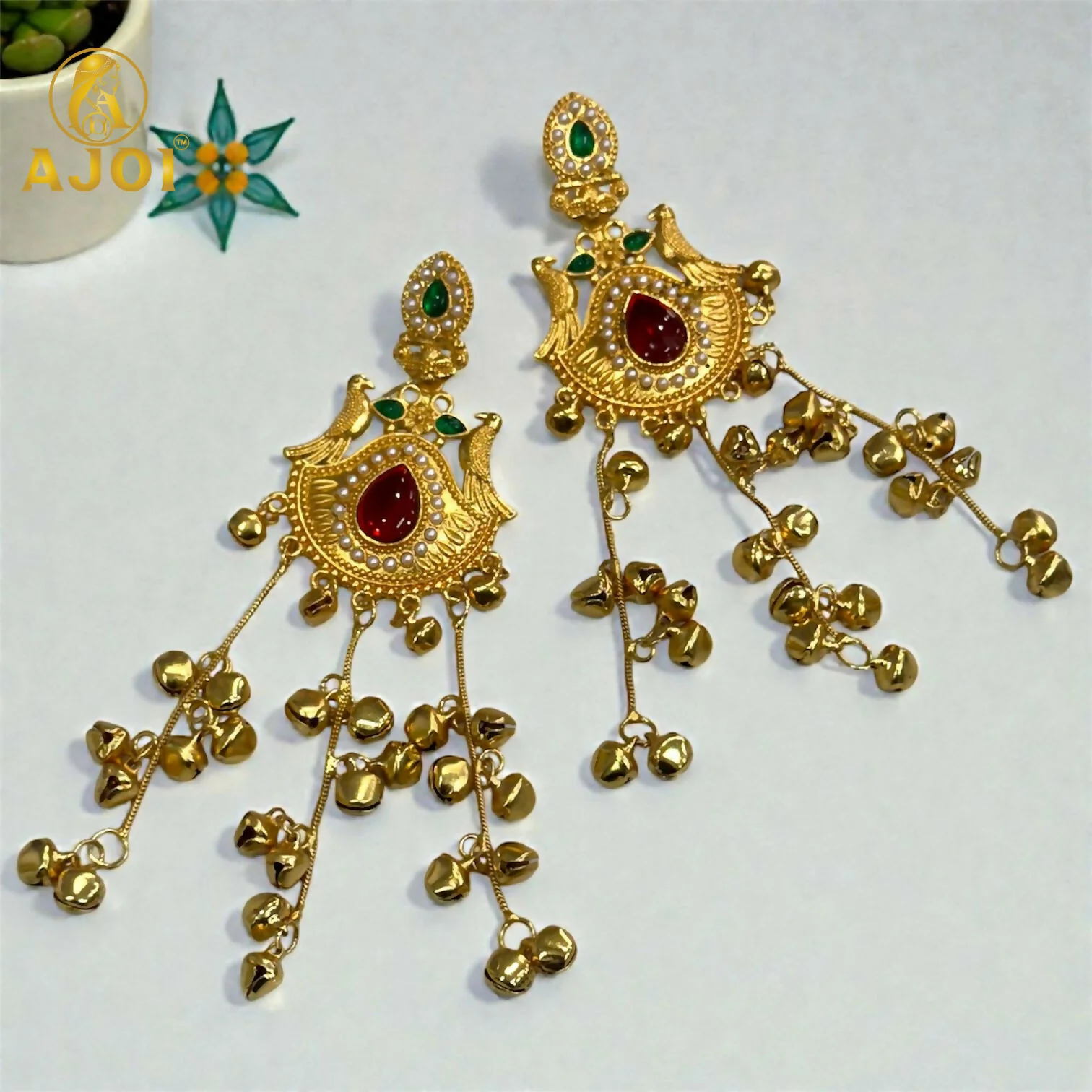 Kashmiri Heritage Gold-Plated Dangler Earring with Red Teardrop Stone, Pearl Detailing & Ghungroo Chains. - Image 7
