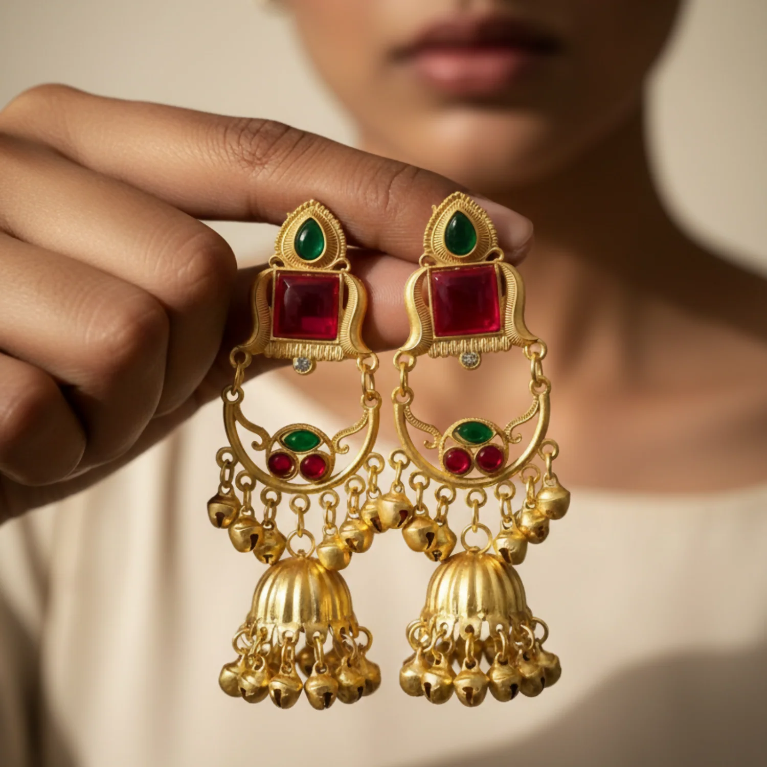 Kashmiri Jhumka Drop Earrings with Kundan & Pearl Tassels–Luxury Earrings - Image 2