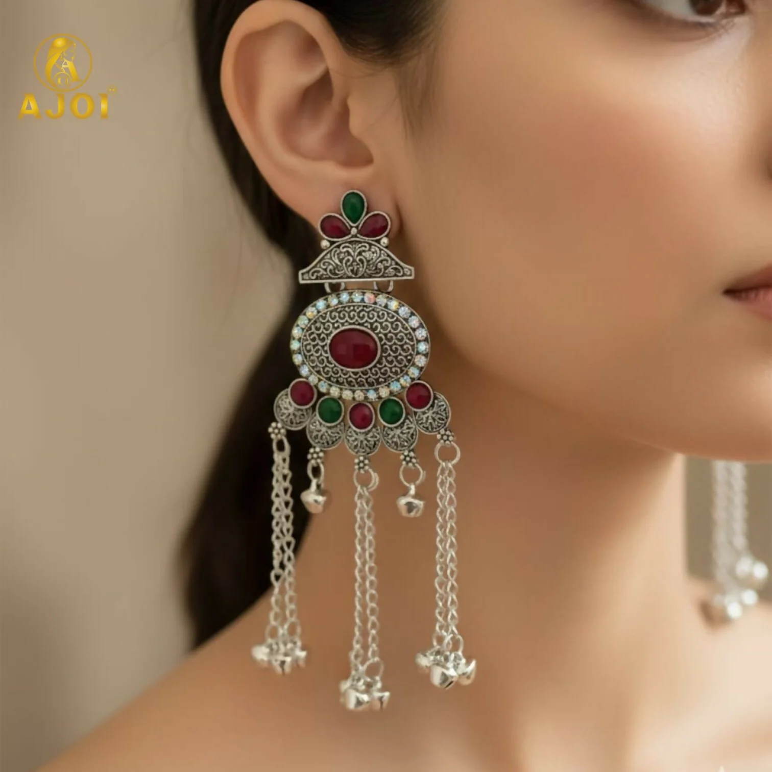 Kashmiri Style Oxidised Silver Long Earrings For Women And Girls - Image 2