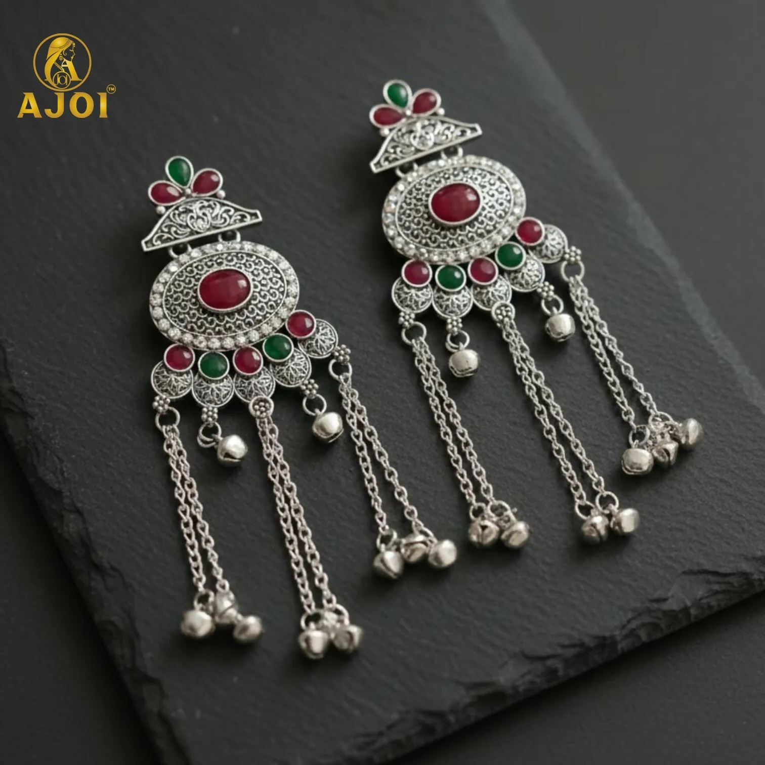 Kashmiri Style Oxidised Silver Long Earrings For Women And Girls - Image 3