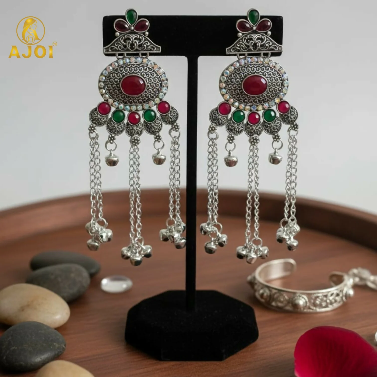 Kashmiri Style Oxidised Silver Long Earrings For Women And Girls - Image 4