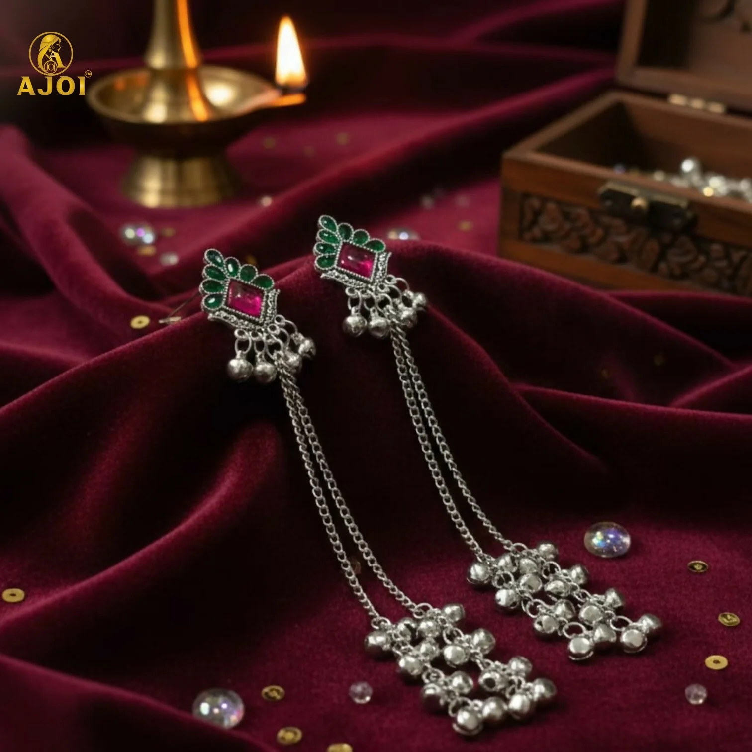 Kashmiri Style Silver Plated Long Chain Drop Earrings with Pink & Green Stones - Image 3