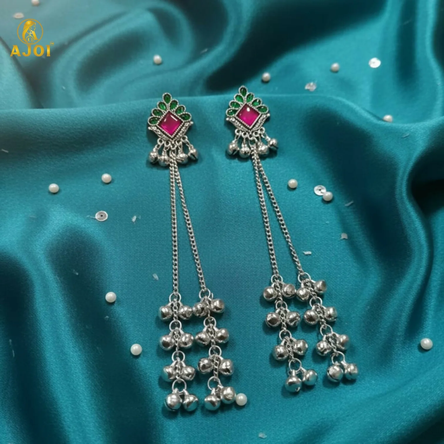 Kashmiri Style Silver Plated Long Chain Drop Earrings with Pink & Green Stones - Image 4