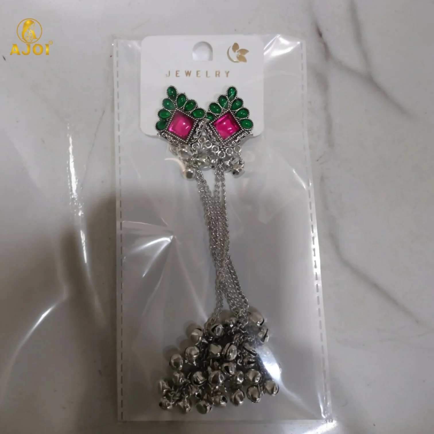 Kashmiri Style Silver Plated Long Chain Drop Earrings with Pink & Green Stones - Image 5