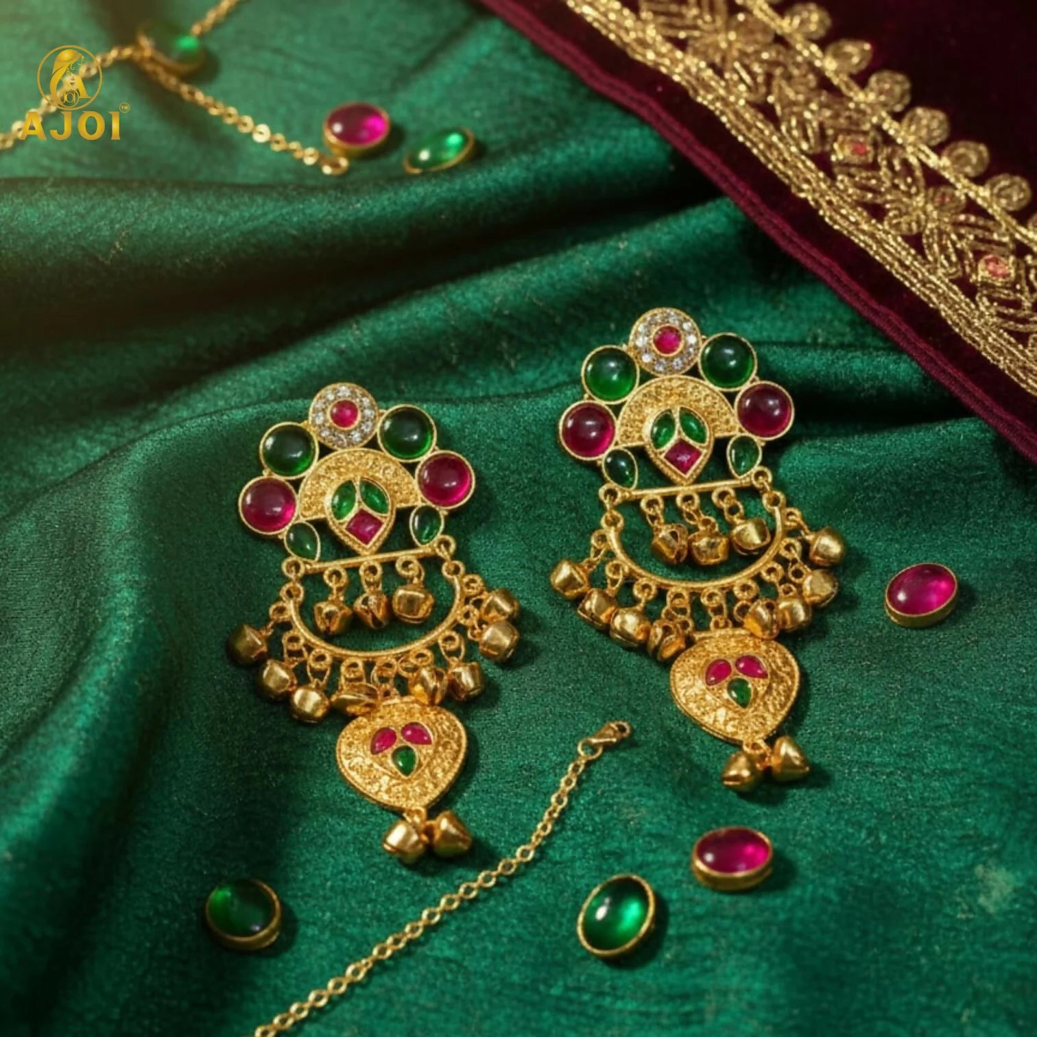 Kasmiri Gold-Plated Chandbali Earrings with Green & Pink Stones - Image 3