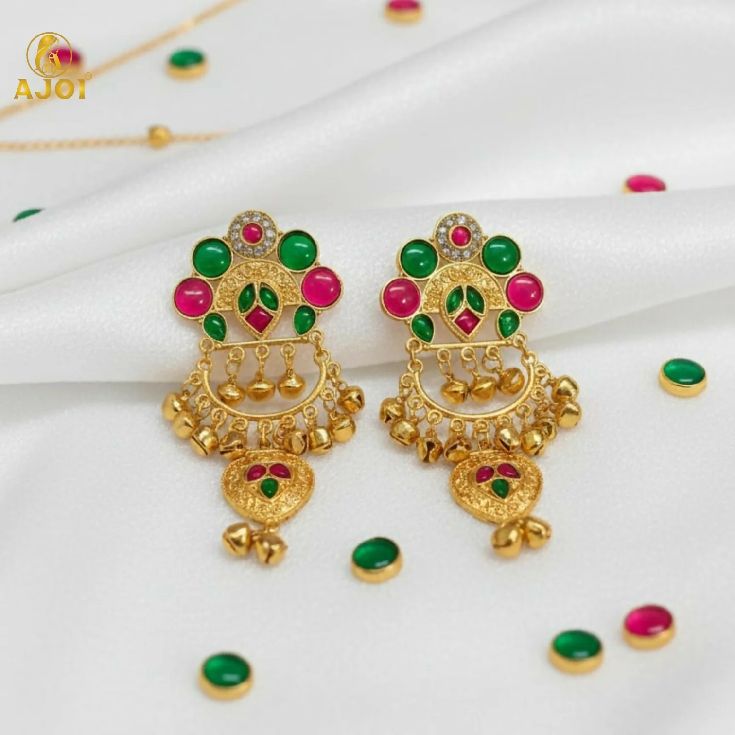 Kasmiri Gold-Plated Chandbali Earrings with Green & Pink Stones - Image 4