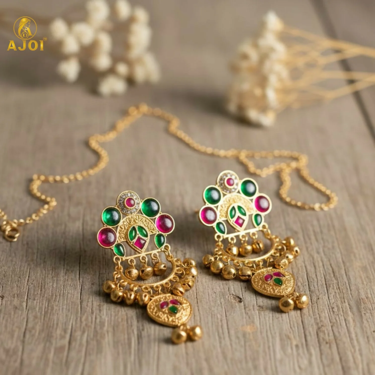 Kasmiri Gold-Plated Chandbali Earrings with Green & Pink Stones - Image 5