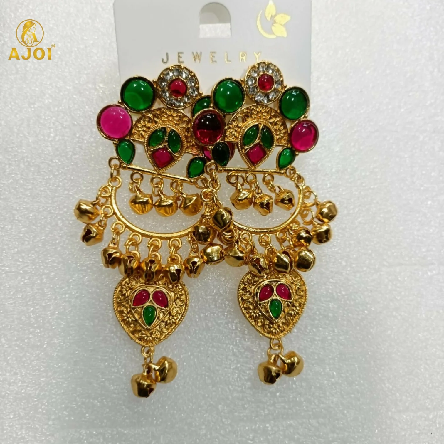 Kasmiri Gold-Plated Chandbali Earrings with Green & Pink Stones - Image 6